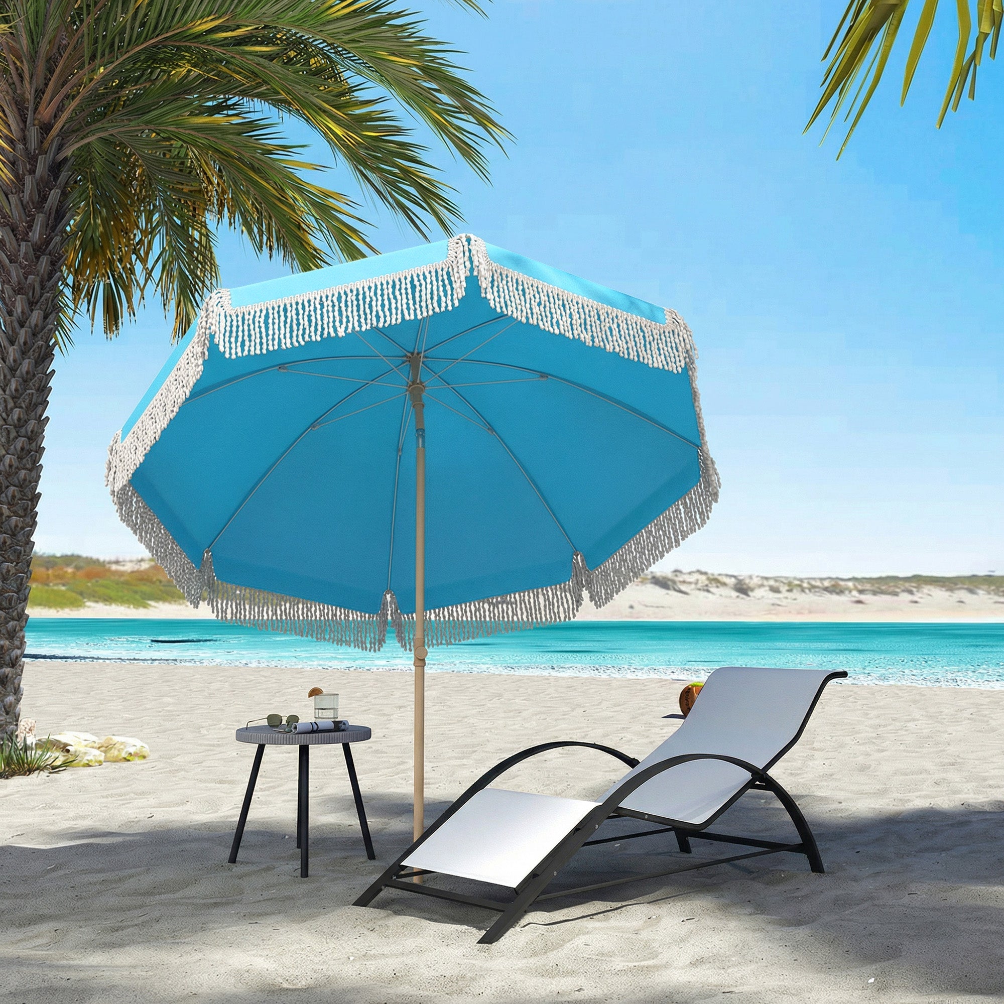 Outsunny 1.7 m Beach Umbrella with Sand Anchor, 30Â° Tilting Fringed Beach Garden Parasol with Adjustable Height, Grey