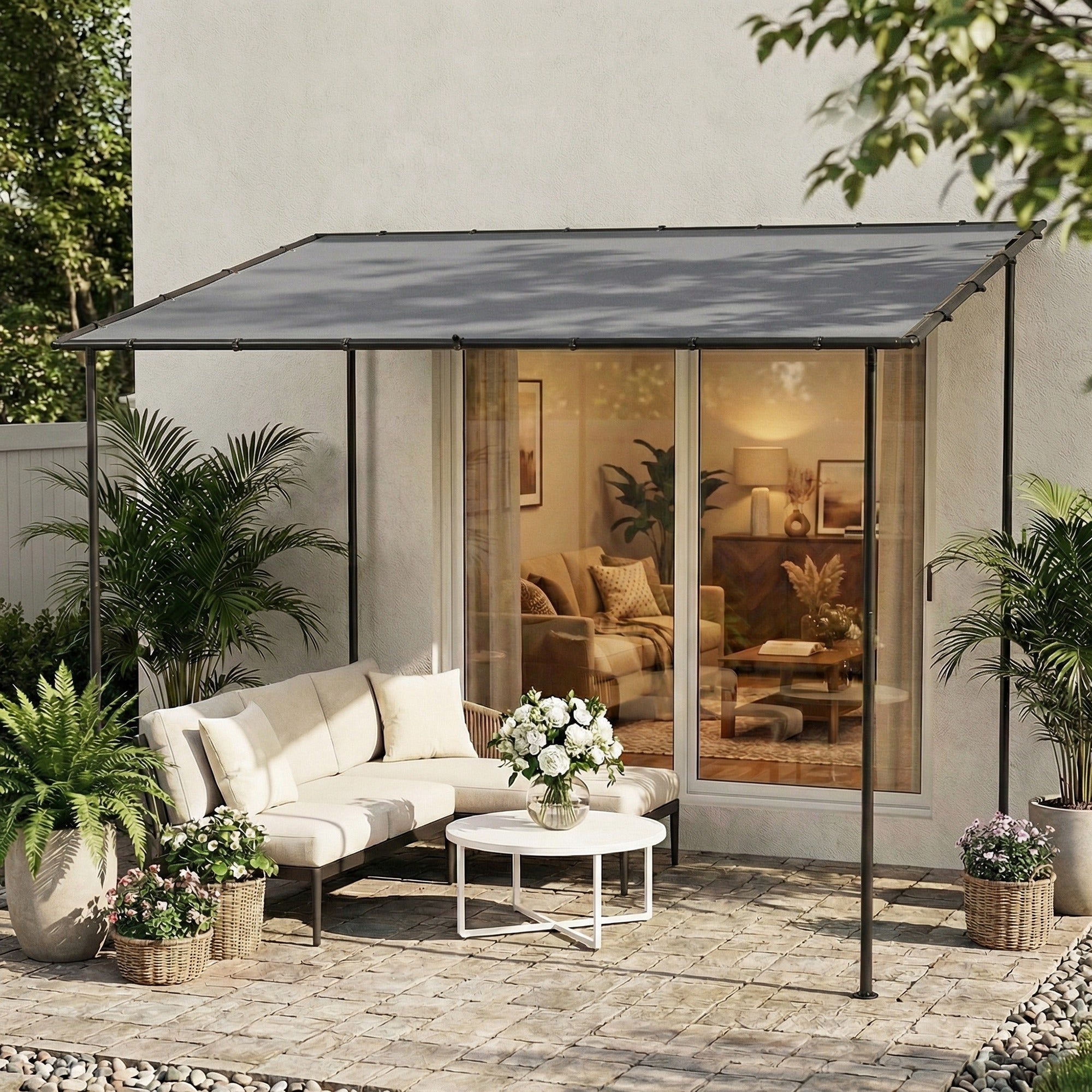 Outsunny 3 x 2 m Lean to Garden Pergola, Metal Frame Gazebo Pergola with UPF30+ Protection, Sloped Roof, Drainage Holes, Grey
