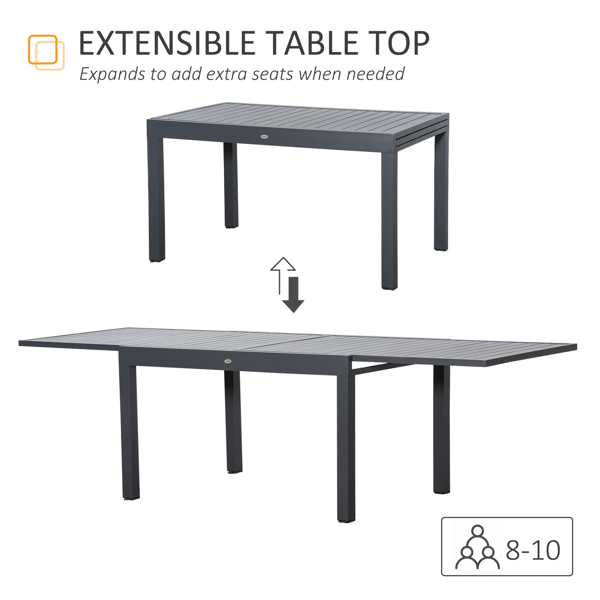 Outsunny Extendable Garden Table 135-270cm x 90cm x 75cm, 10 Seater Outdoor Dining Table with Aluminium Frame for Lawn, Balcony and Backyard, Grey