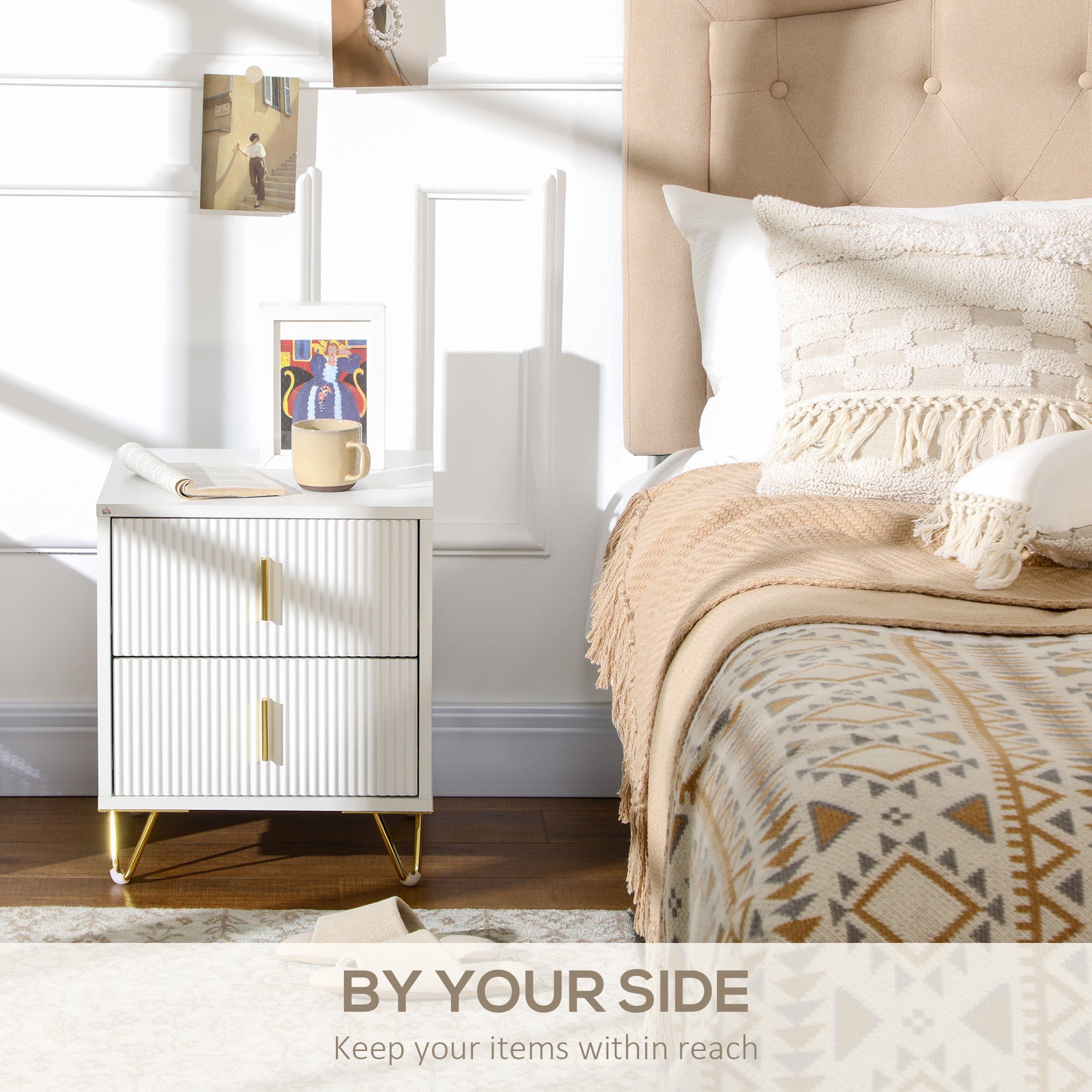 Set of 2 Elegant Chest of Two Drawers - White/Gold-Tone