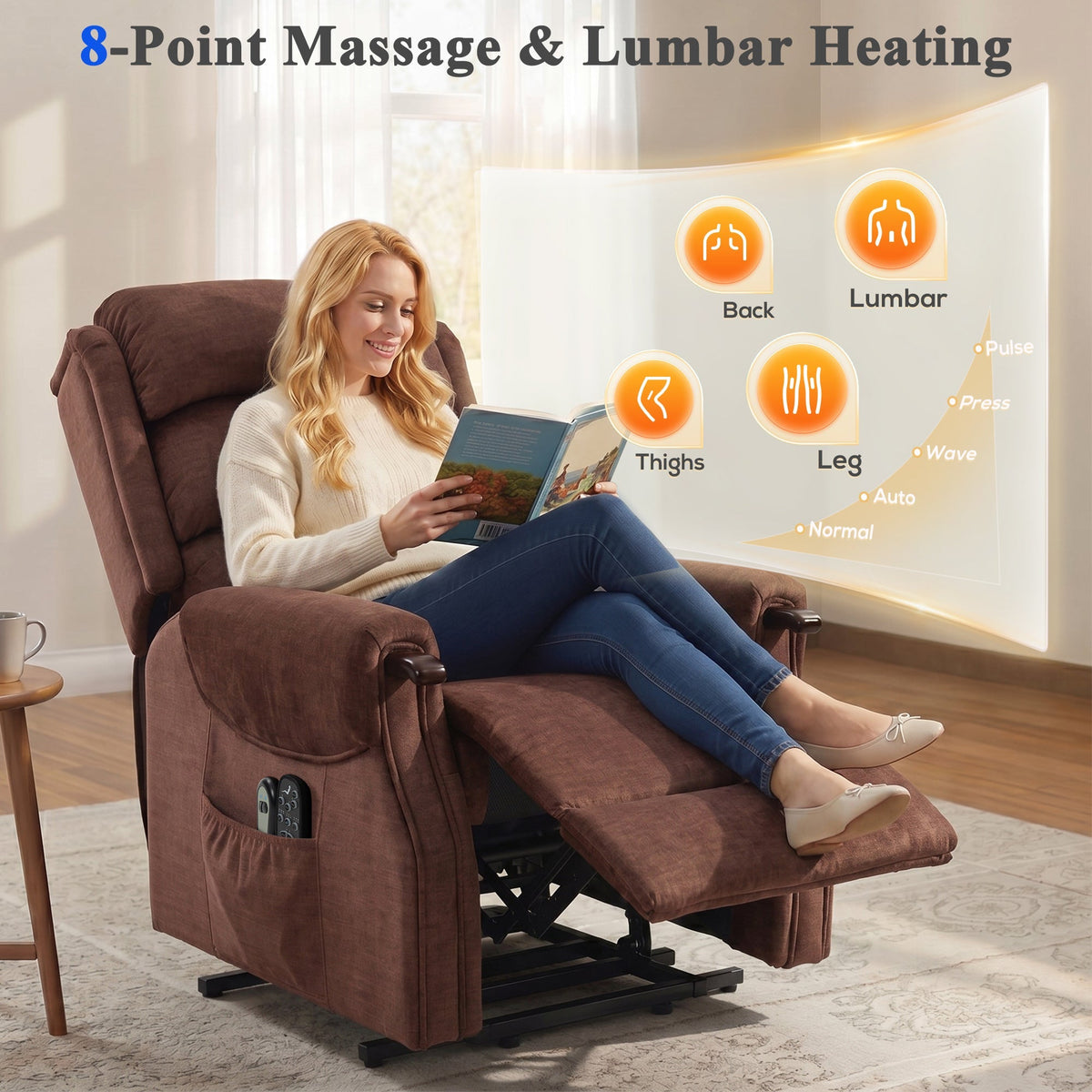 HOMCOM Power Lift Recliner with Vibration Massage and Heat, Lift Chair for Tall with Wood Grip, Pocket Spring, Brown