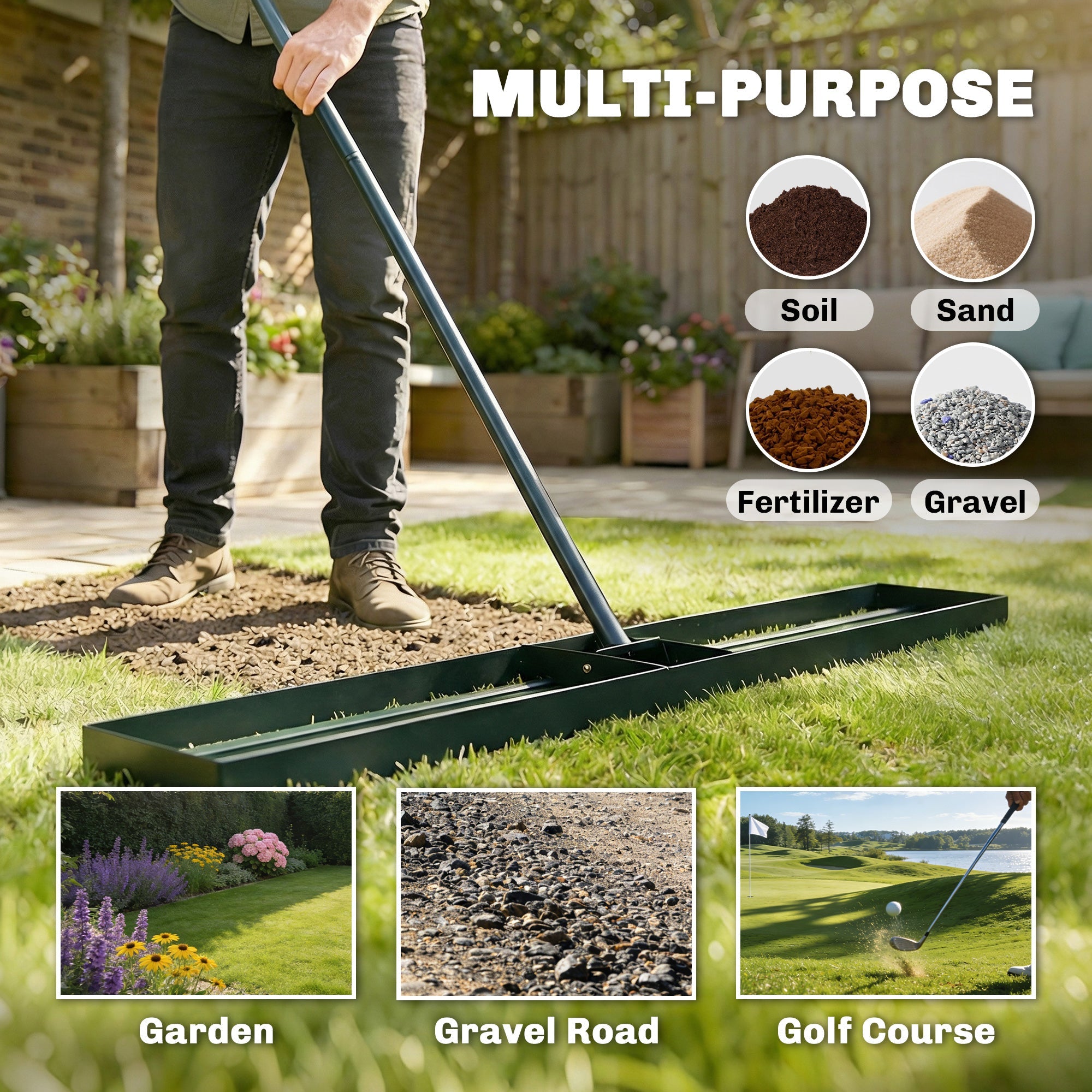 Outsunny Lawn Levelling Rake, 113 x 26 cm Lawn Leveller Lute with 169 cm Handle for Grass Soil Sand Yard Golf Course