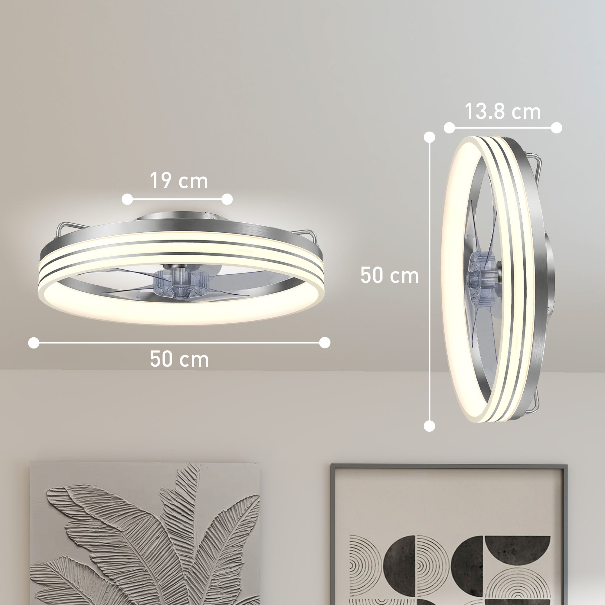 HOMCOM Ceiling Fans with Lights and Remote & App Control, 50cm LED Ceiling Fan Light with 3 Colour Temperatures, 6 Speed, Silver