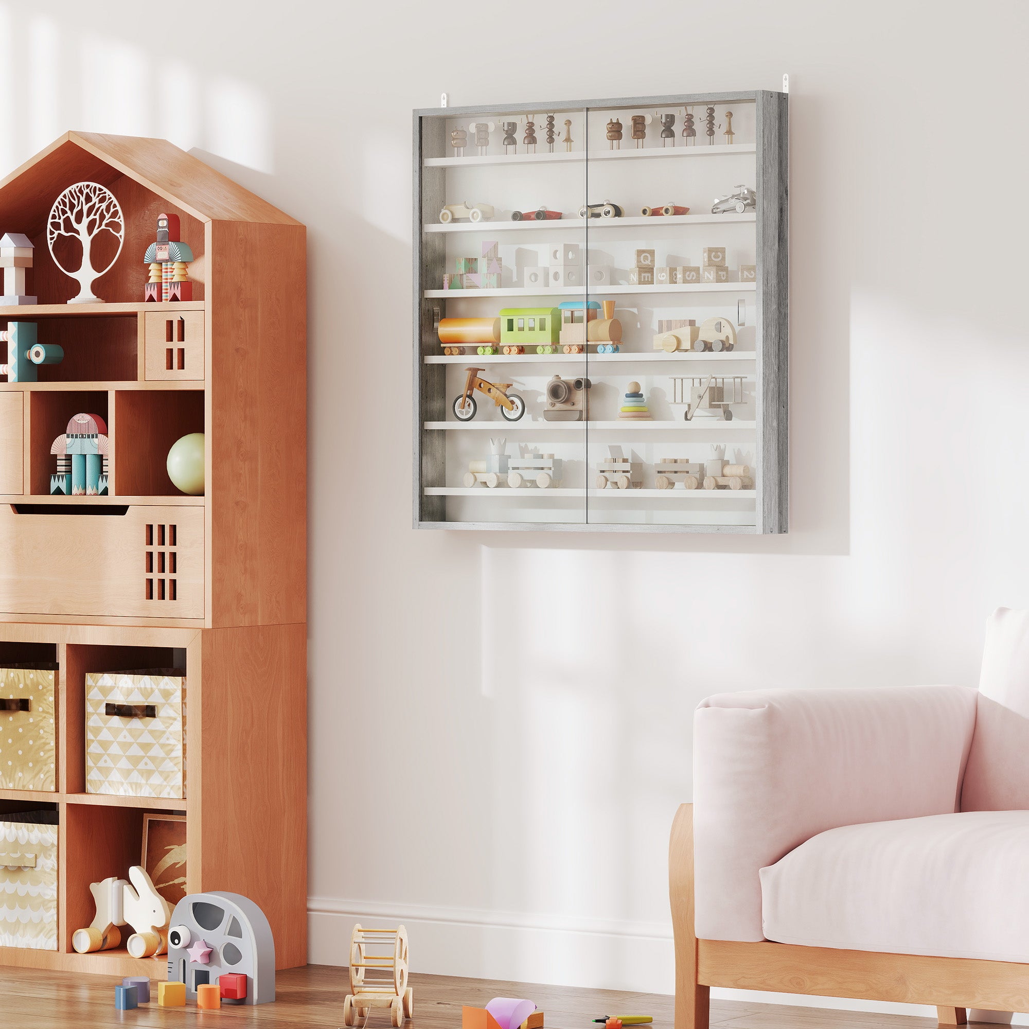 HOMCOM Six Shelf Display Cabinet, with Glass Doors - Graphite Wood Effect