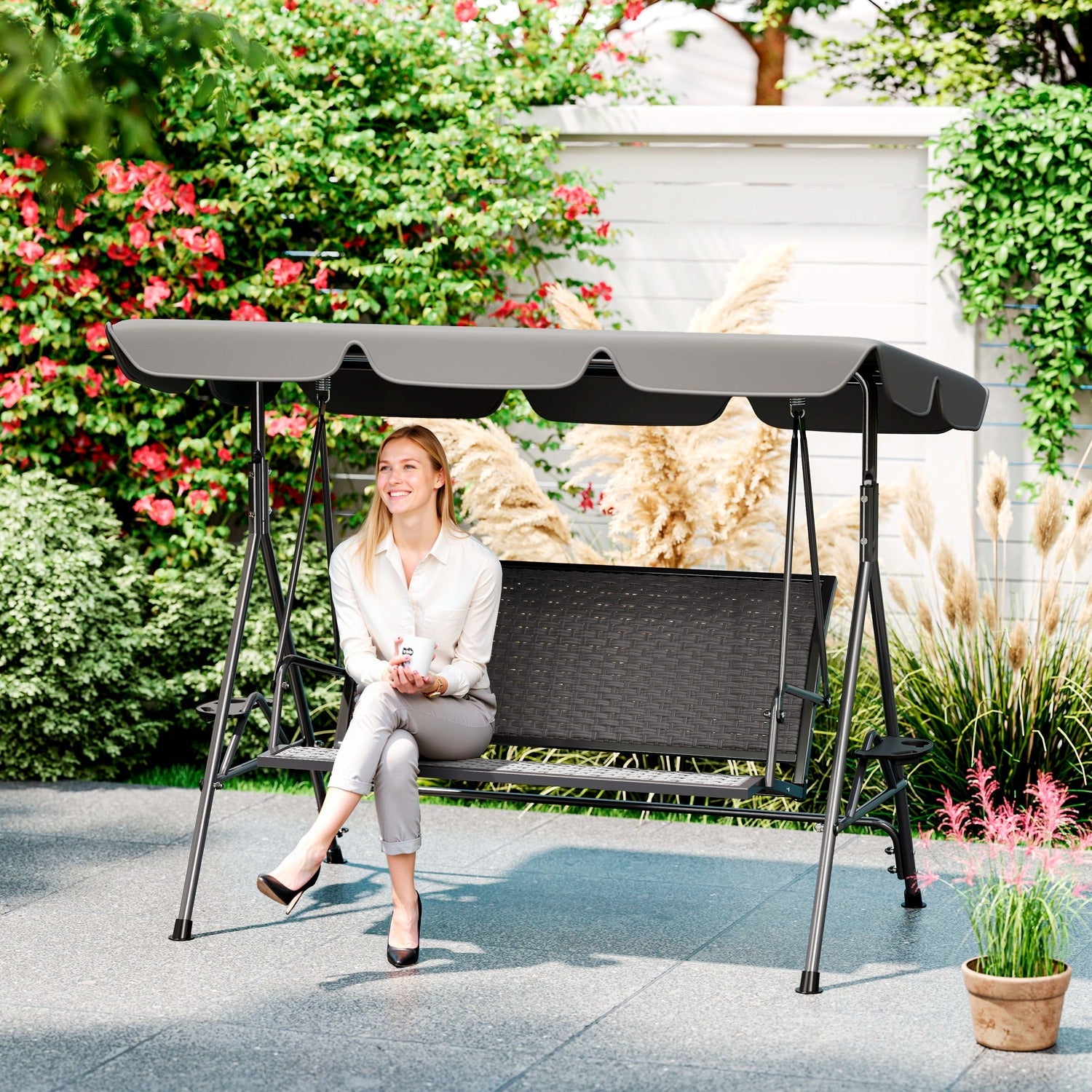 Outsunny 3 Seater Swing Chair, Garden Swing Seat Bench with Adjustable Canopy, Rattan Seat and Steel Frame for Patio, Yard, Grey