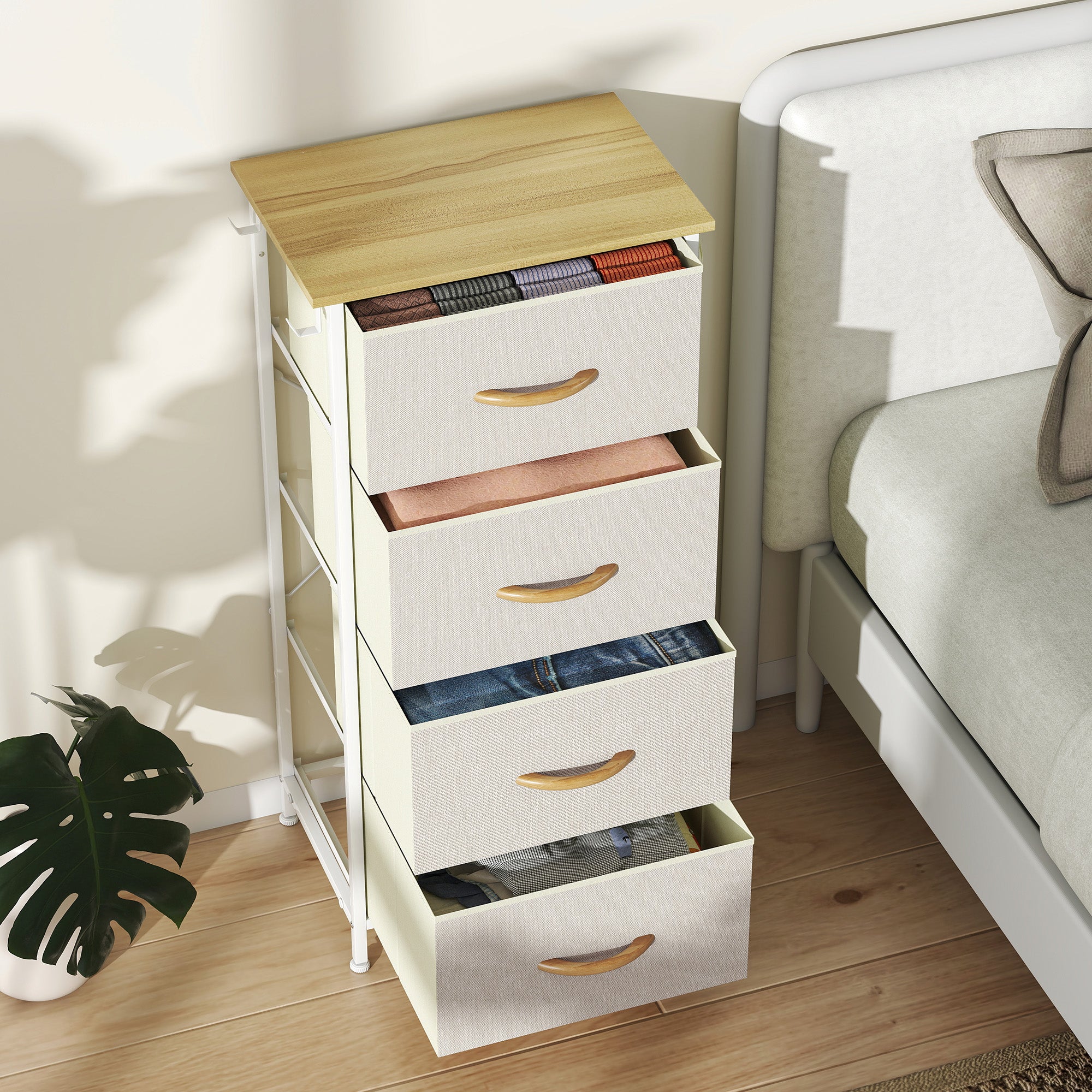 HOMCOM Chest of Four Fabric Drawers - Beige