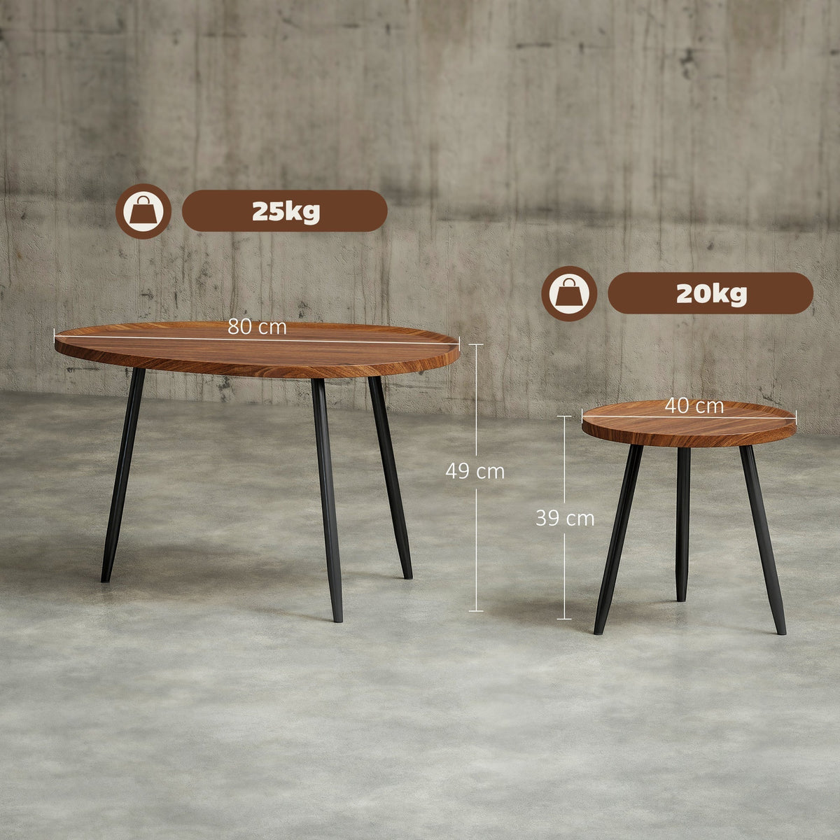 HOMCOM Nesting Coffee Table Set of 2, 80cm Modern Stacking End Side Table with Metal Legs for Living Room Bedroom Office, Chestnut Wood Effect