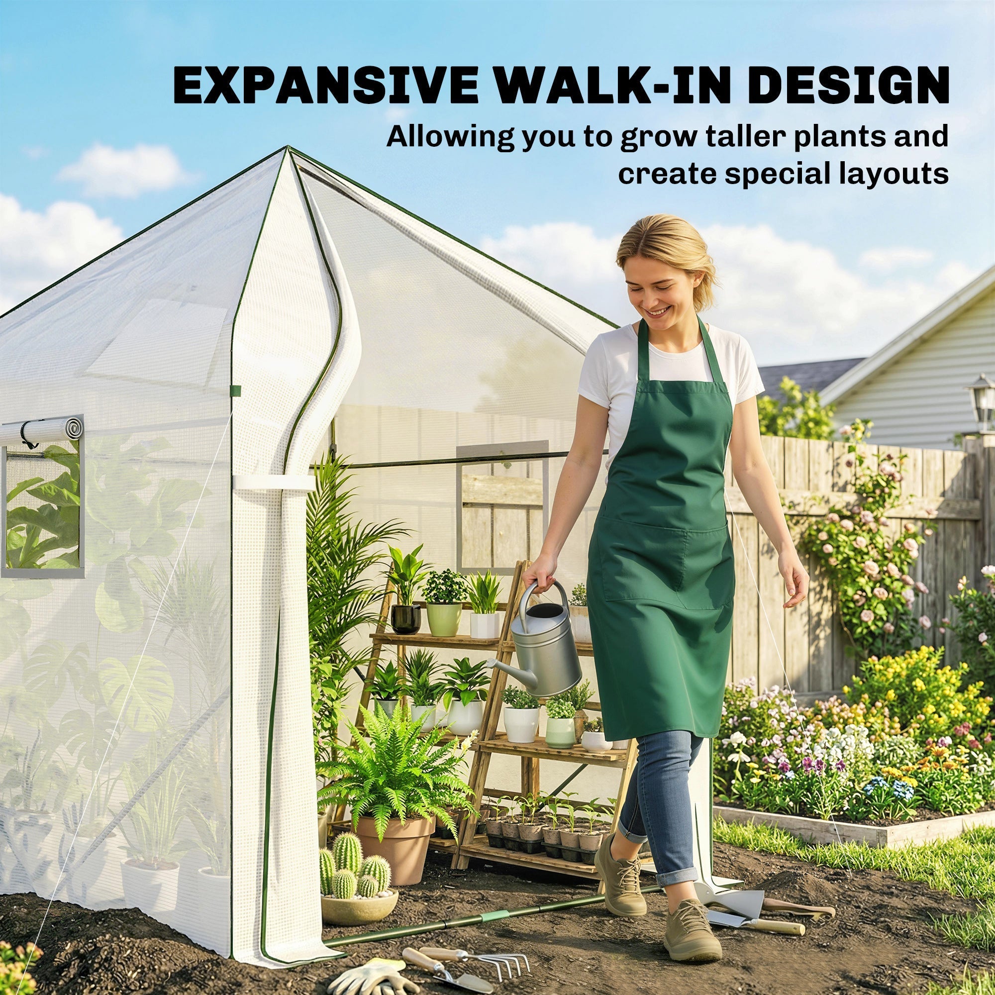 Outsunny Walk-in Greenhouse for Outdoors with Steel Frame, Large Plant House with Roll-up Door and PE Ground Cover, White