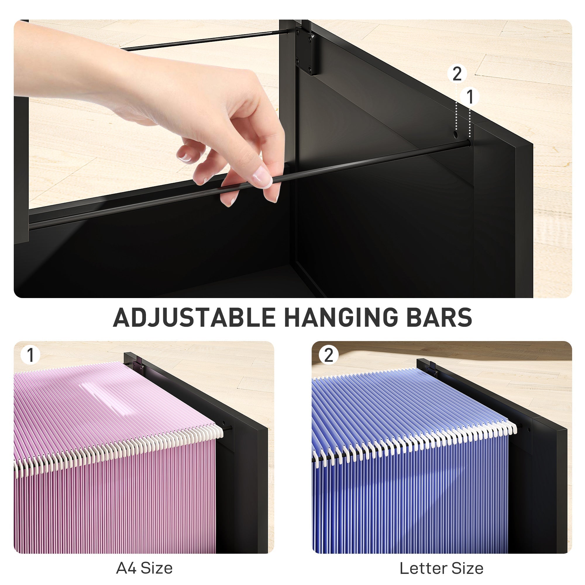 HOMCOM 4 Drawer Filing Cabinet with Lock, Office Storage Cabinet with Adjustable Hanging Bars for A4 Letter Size Files, Black