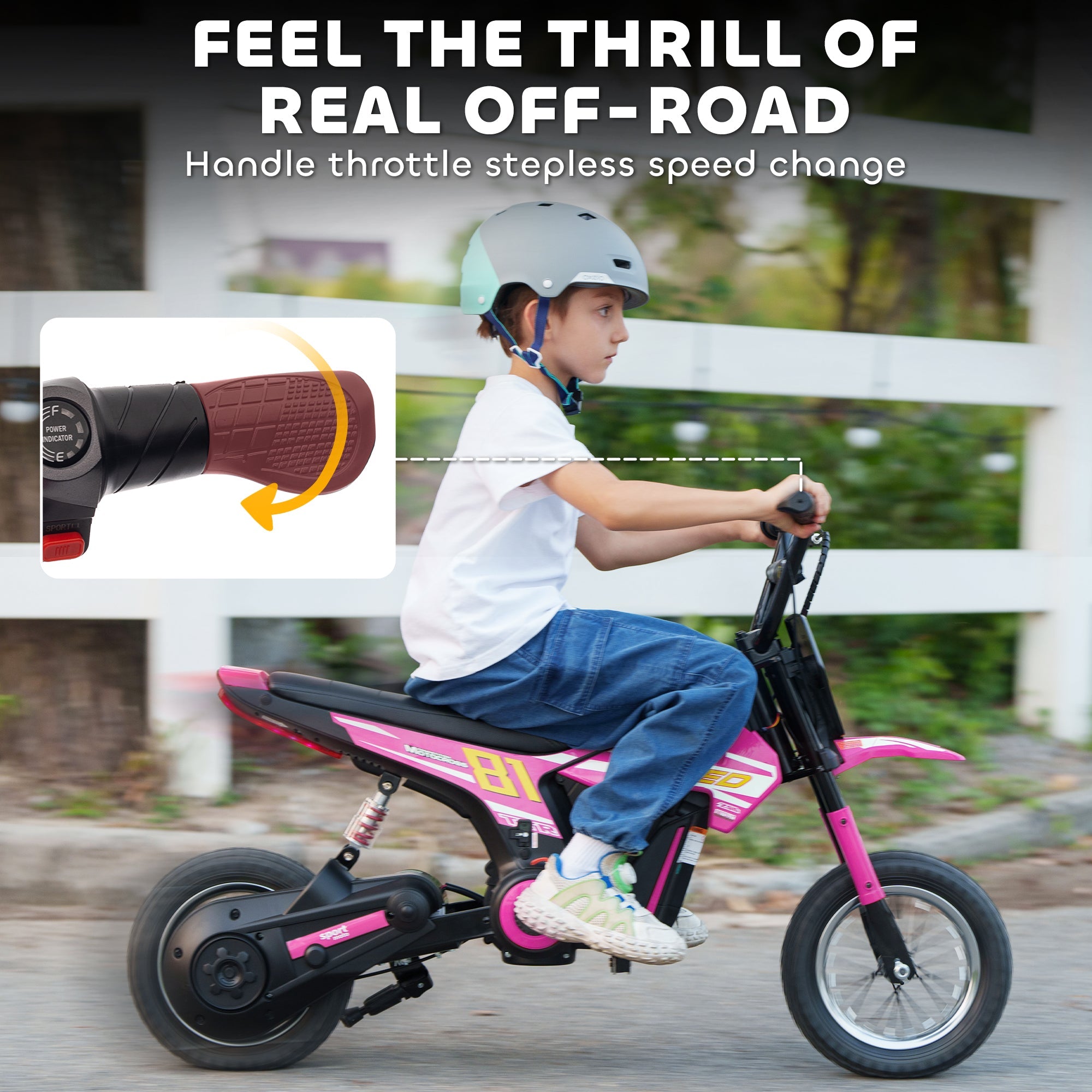 AIYAPLAY Kids Electric Motorbike, 24V Ride On Motorcycle with 3 Speeds and Rear Suspension, Dirt Bike for 8-12 Years Old, Pink