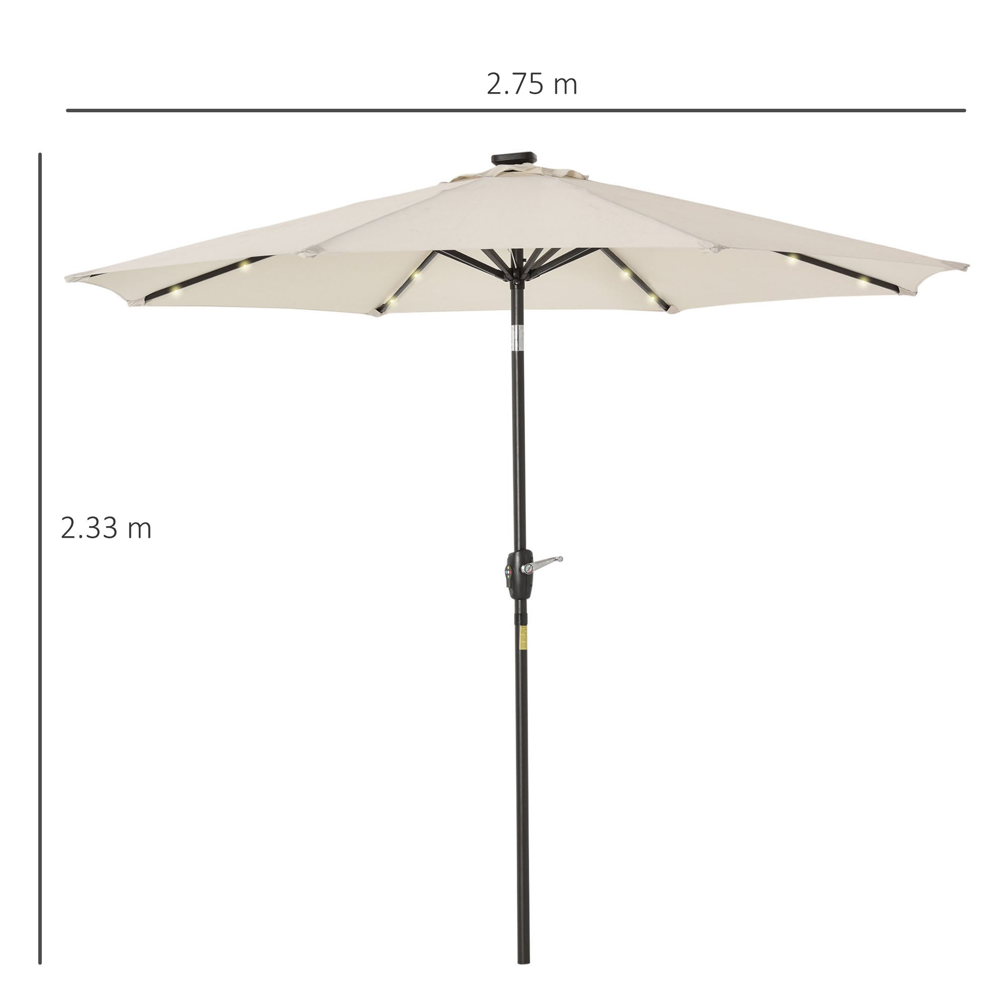 Outsunny 2.7m Garden 24 LED Light Parasol Solar Outdoor Tilt Sun Umbrella Patio Club Party Event Manual Sun Shade w/ Hand Crank and 8 Ribs, Off-white