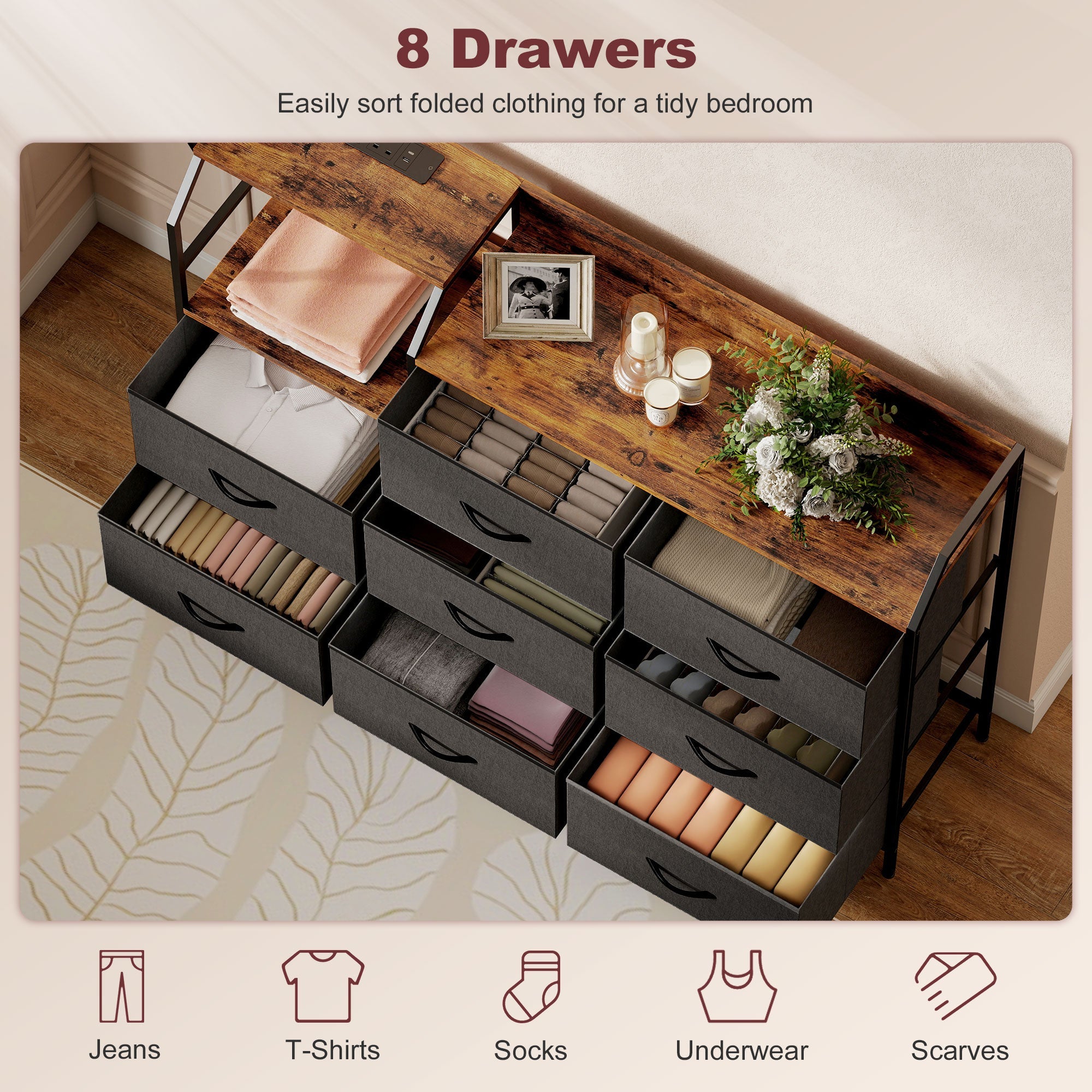 HOMCOM Chest of Eight Drawers, with Charging Station - Brown/Black