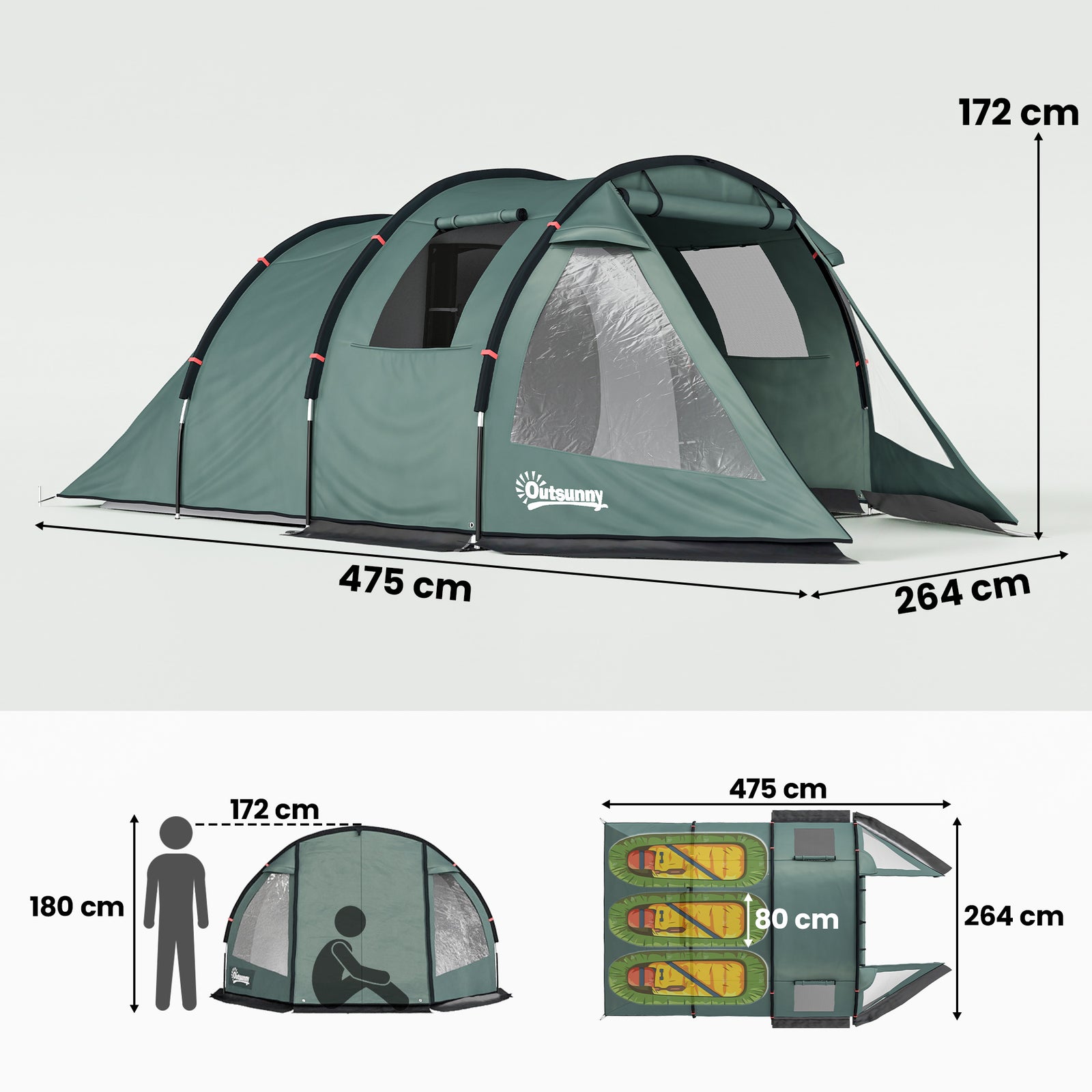 Outsunny Two Room Tunnel Tent Camping Tent for 3 Man with Windows, Covers, Carry Bag, for Fishing, Hiking, Sports, Green
