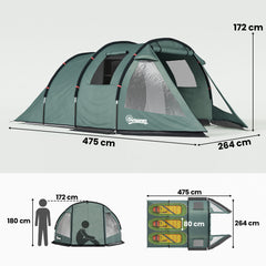 Outsunny Two Room Tunnel Tent Camping Tent for 3 Man with Windows, Covers, Carry Bag, for Fishing, Hiking, Sports, Green