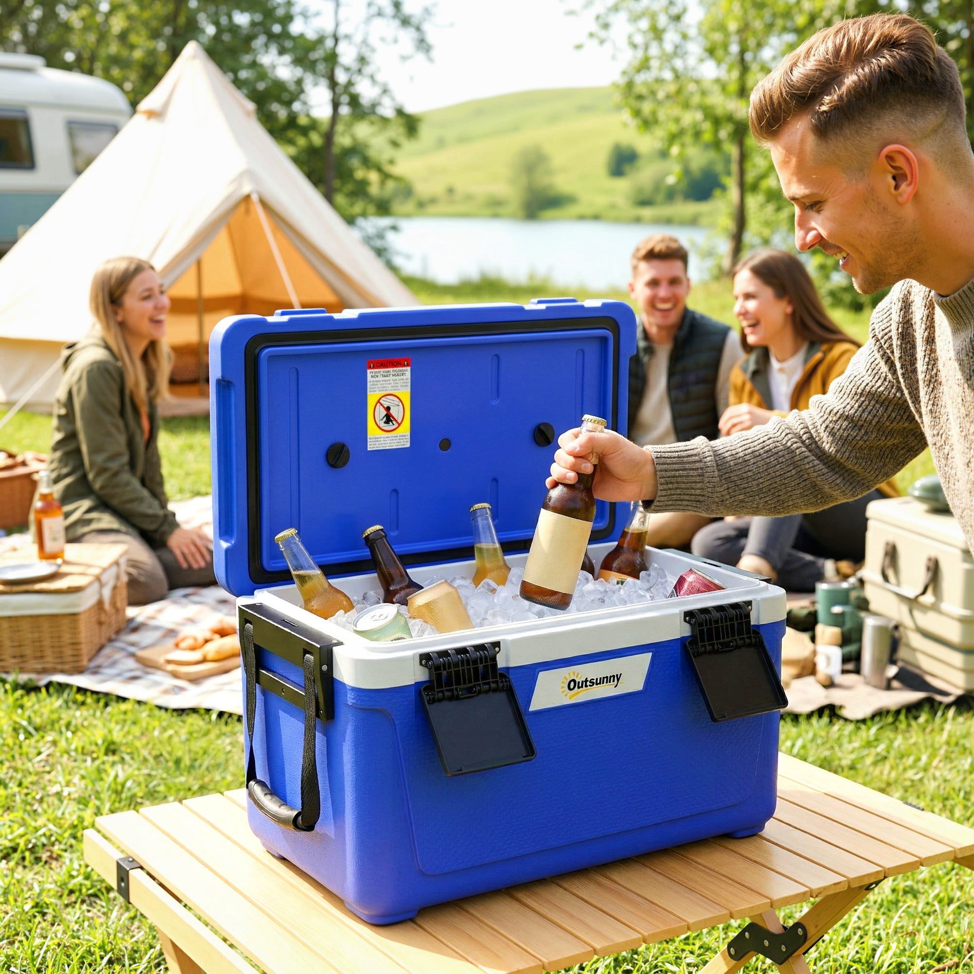 Outsunny 42.6L Insulated Cool Box, Lightweight Portable Ice Cooler with Handle, Lid and Drain Valve, Dark Blue