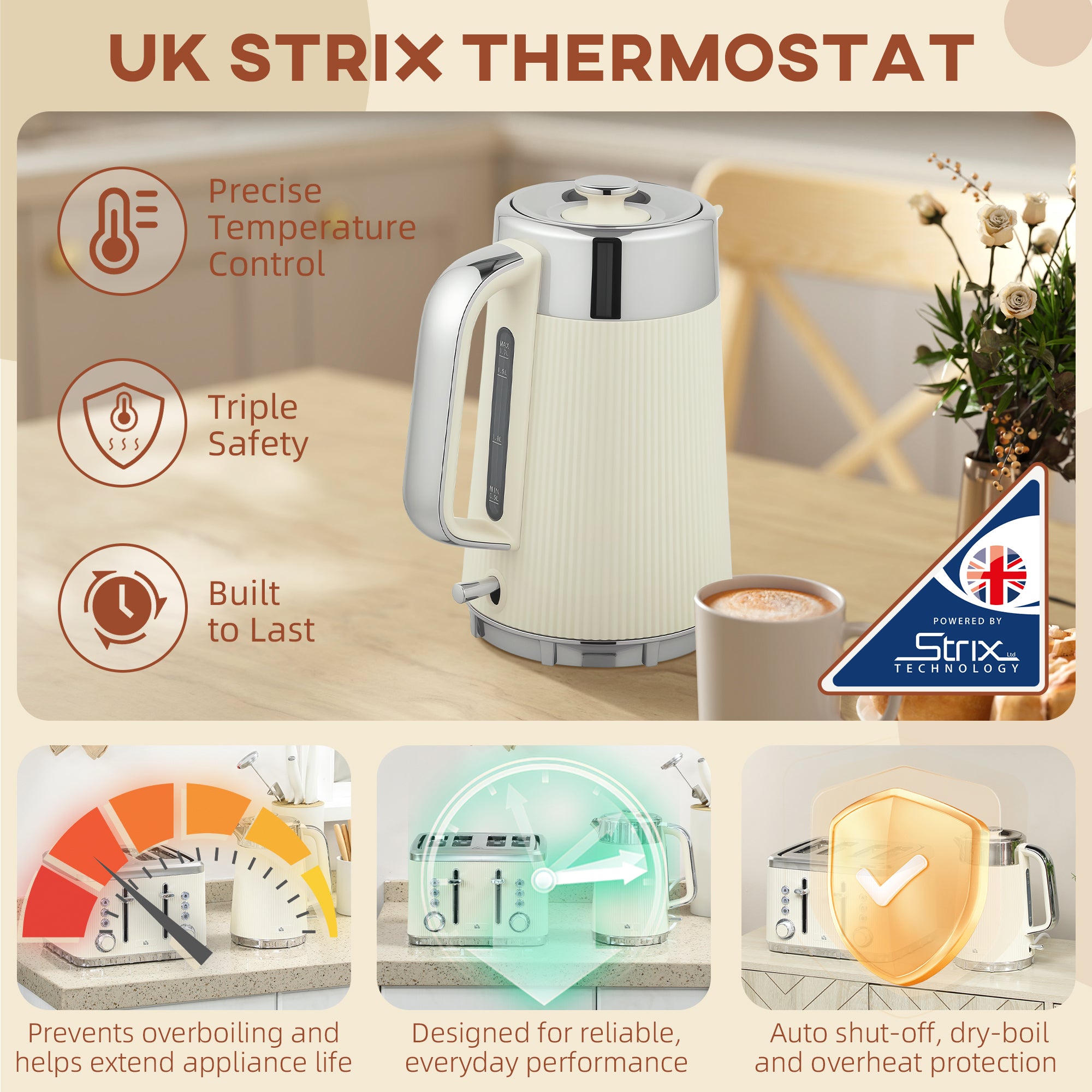 HOMCOM Electric Kettle and Toaster Set, 3000W 1.7L UK Strix Thermostat Rapid Boil Jug Kettle with Limescale Filter, Cool Touch Body, 4 Slice Toaster with 7 Browning Controls, Crumb Tray, Cream