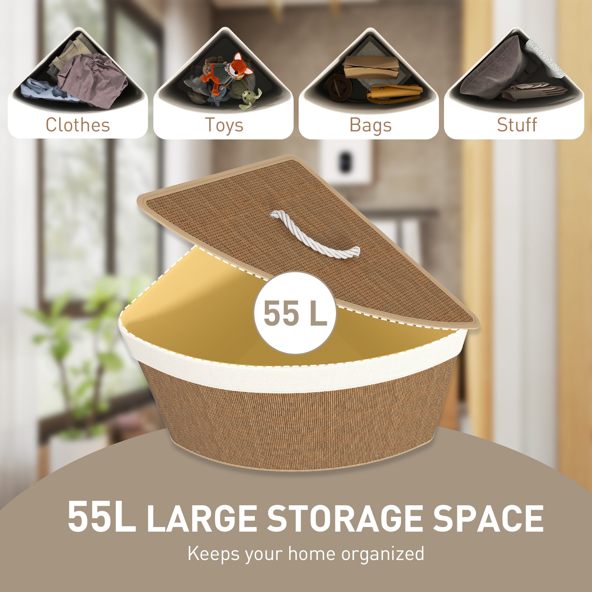 HOMCOM Bamboo Laundry Basket with Lid, 55L Corner Laundry Hamper with Removable Washable Liner Bag, Bathroom Triangle Washing Basket, 35 x 35 x 60 cm, Brown