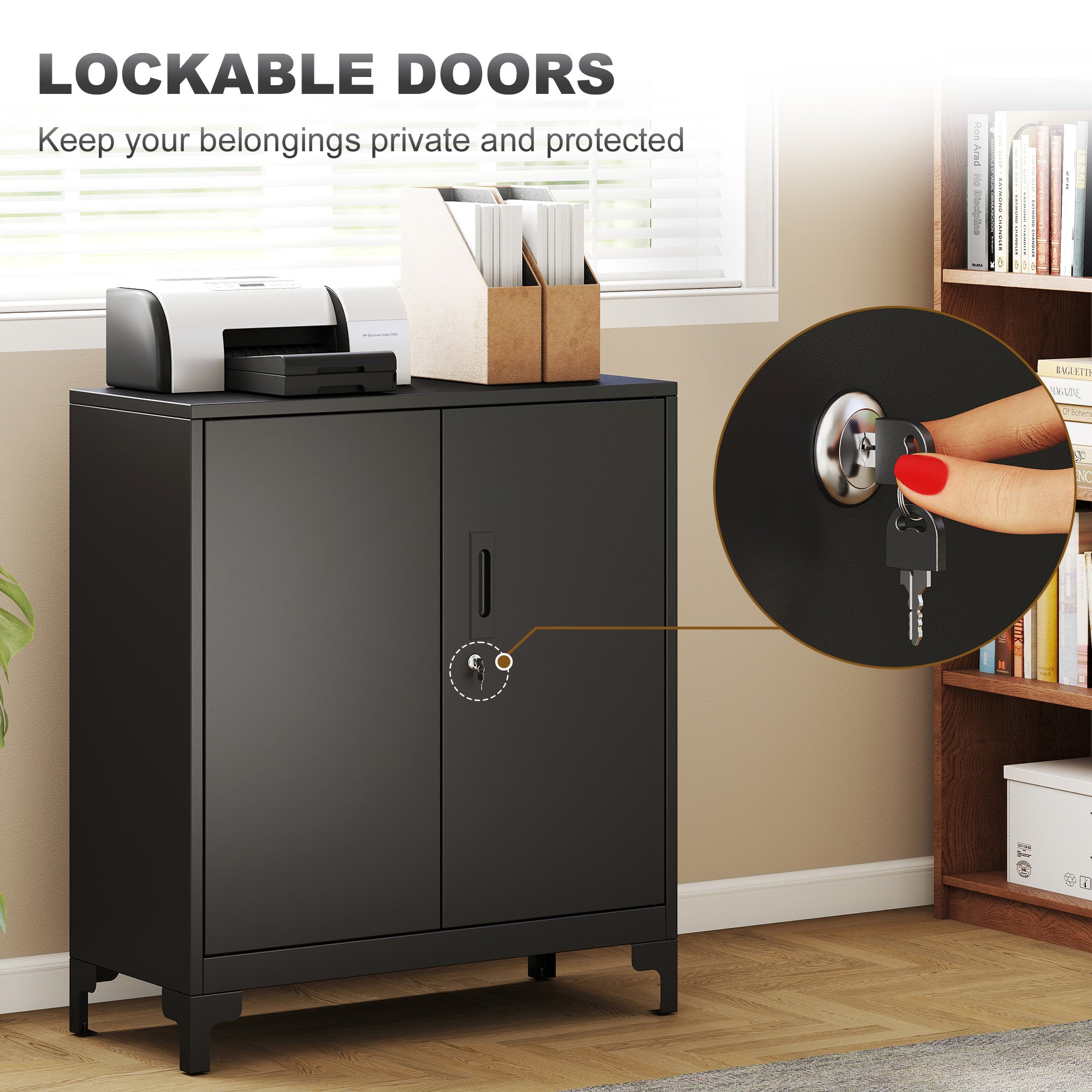 HOMCOM Lockable Metal Filing Cabinet, 2-Tier Storage Cupboard with Double Doors, Modern Office Organiser, Black