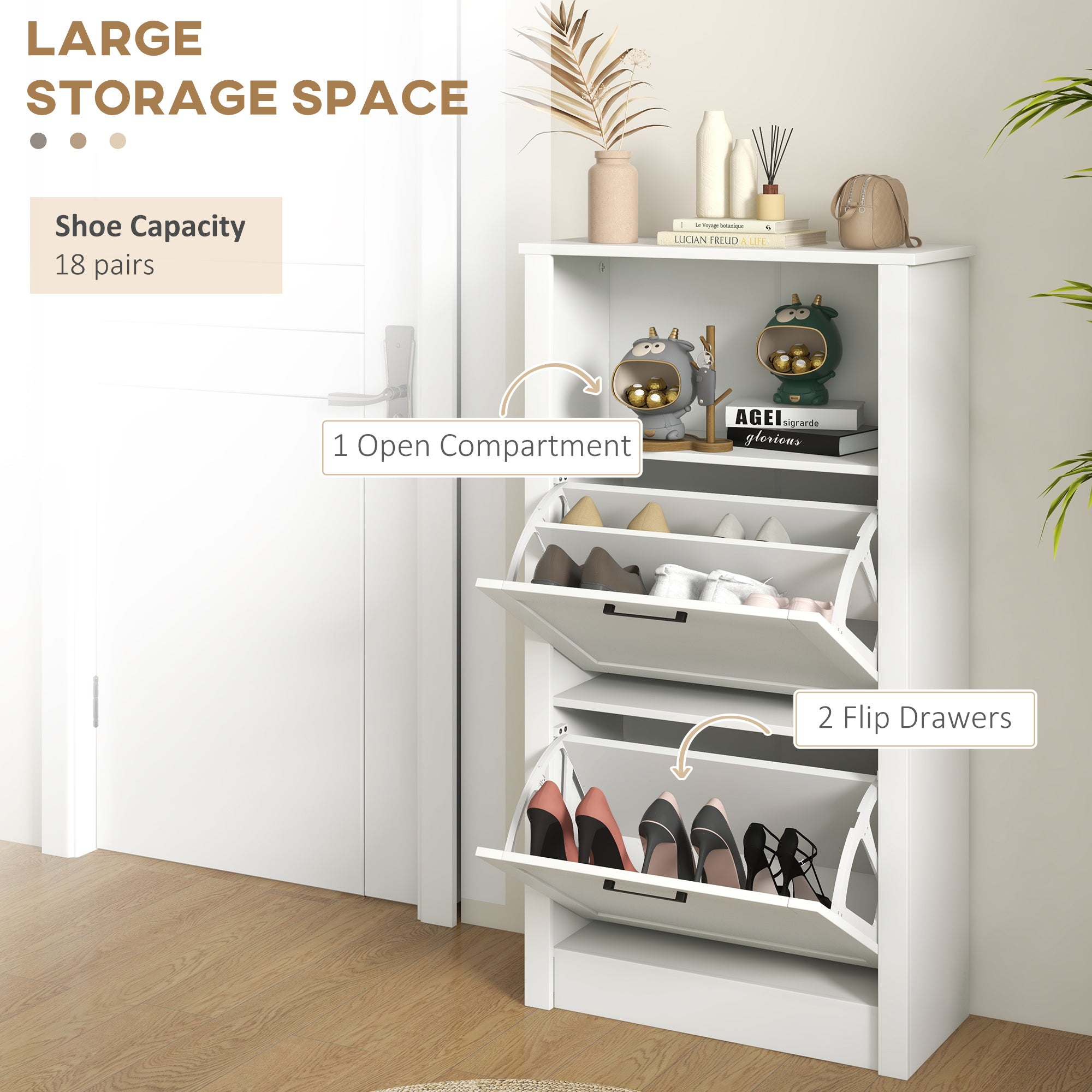 HOMCOM Modern Shoe Cabinet with 2 Flip Drawers and Adjustable Shelves, Narrow Shoe Storage Cabinet with Open Compartment, Holds 10 Pairs for Entryway, Hallway, White