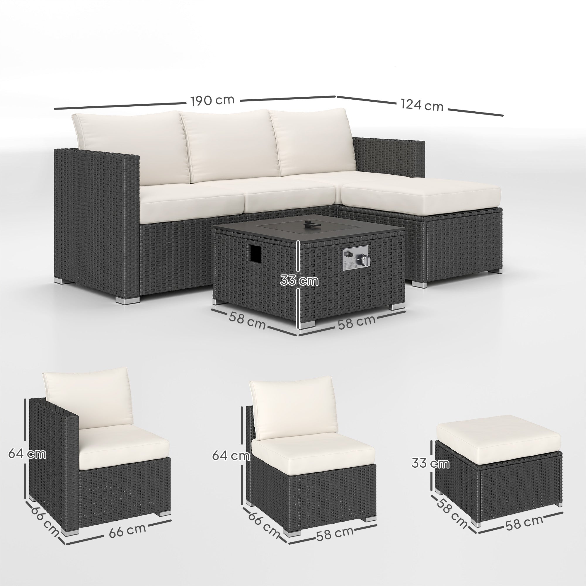 Outsunny Five Piece Rattan Garden Furniture Set with Gas Fire Pit Table and Footstool - Black and Cream White