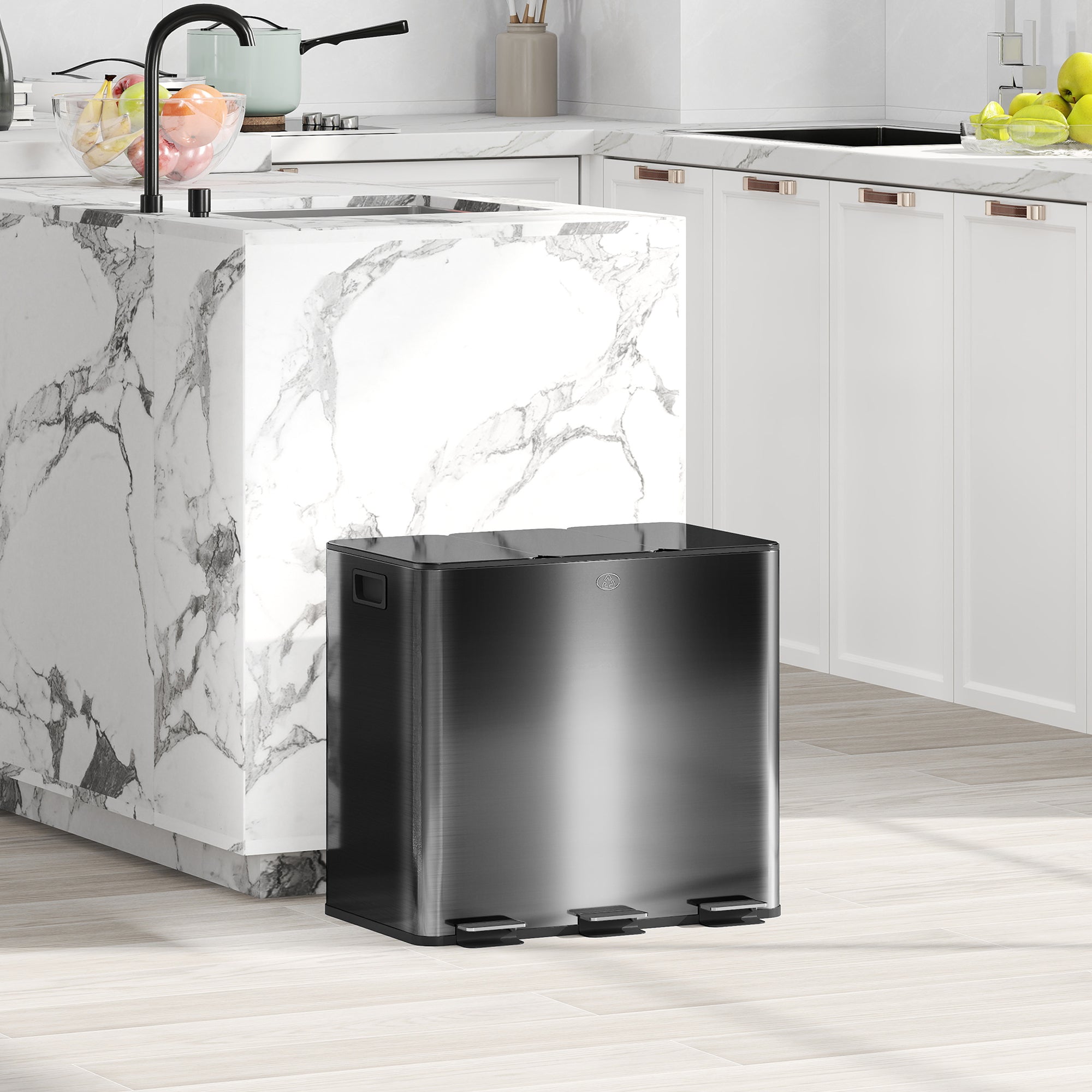 HOMCOM 3 x 15L Pedal Bin, Steel Triple Kitchen Bin with Soft Close Lid, Removable Inner Buckets, Fingerprint-Proof, Black