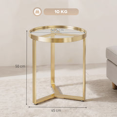 HOMCOM Round Side Table with Tempered Glass Top and Geometric Metal Frame for Small Space, Gold Tone