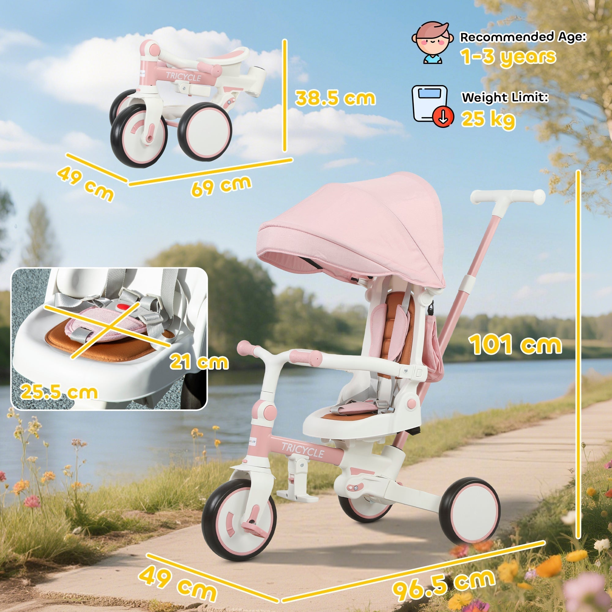 AIYAPLAY 5 in 1 Kids Trike with Adjustable Backrest, Toddler Tricycle with Push Handlebar, Adjustable Backrest, Pink