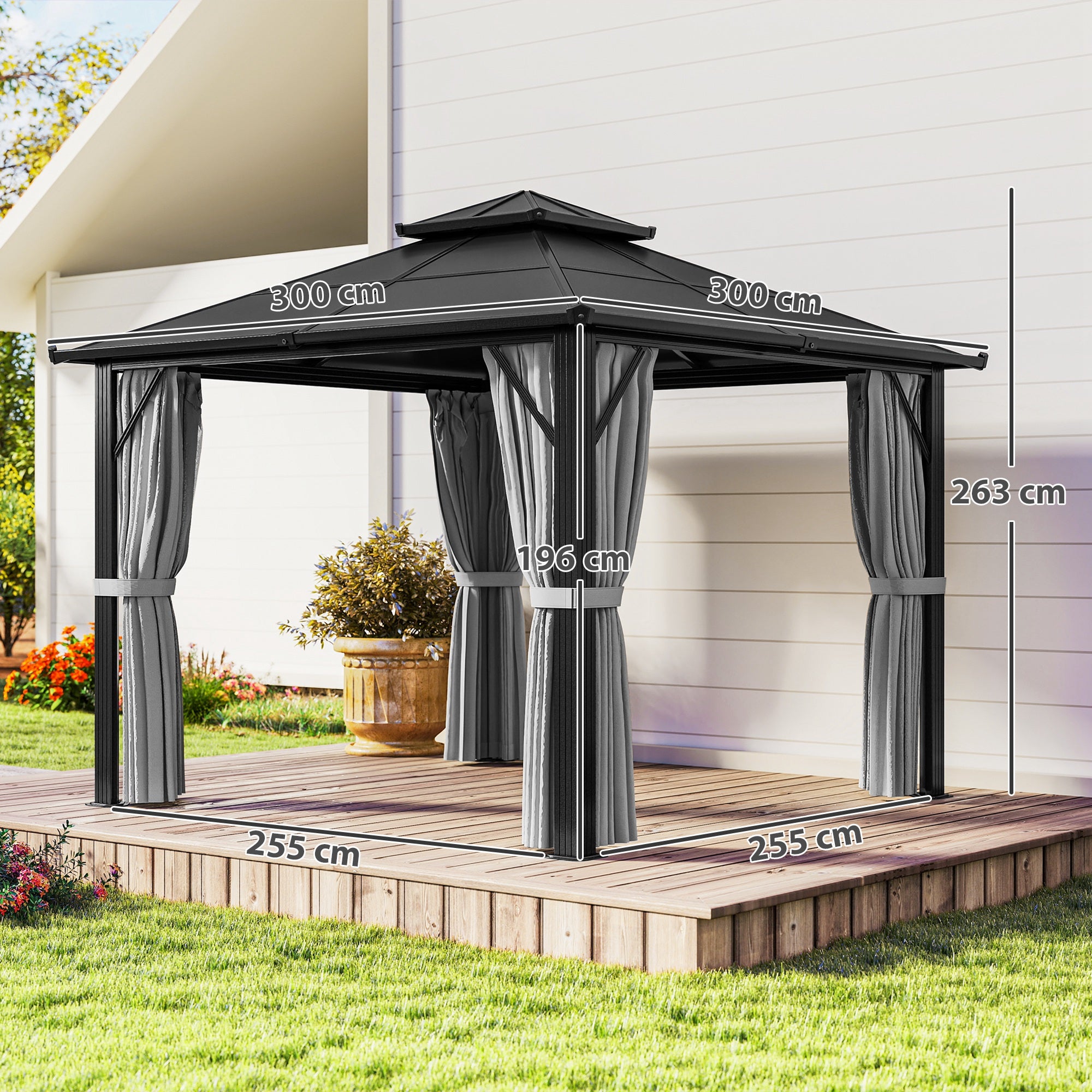 Outsunny 3 x 3(m) Hardtop Gazebo Canopy with UPF30+ Double Polycarbonate Roof, Aluminium Frame Garden Gazebo Permanent Pavilion with Mosquito Netting and Curtains for Patio, Deck, Grey