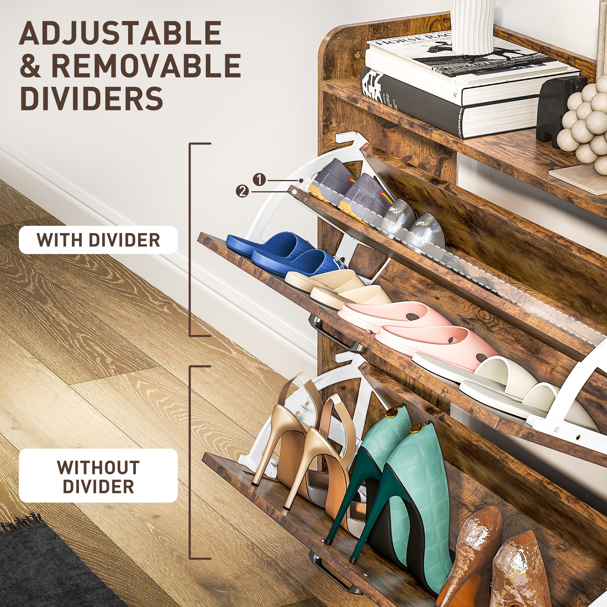 HOMCOM Two Flip Drawer Narrow Shoe Cabinet with Adjustable Shelves - Rustic Brown