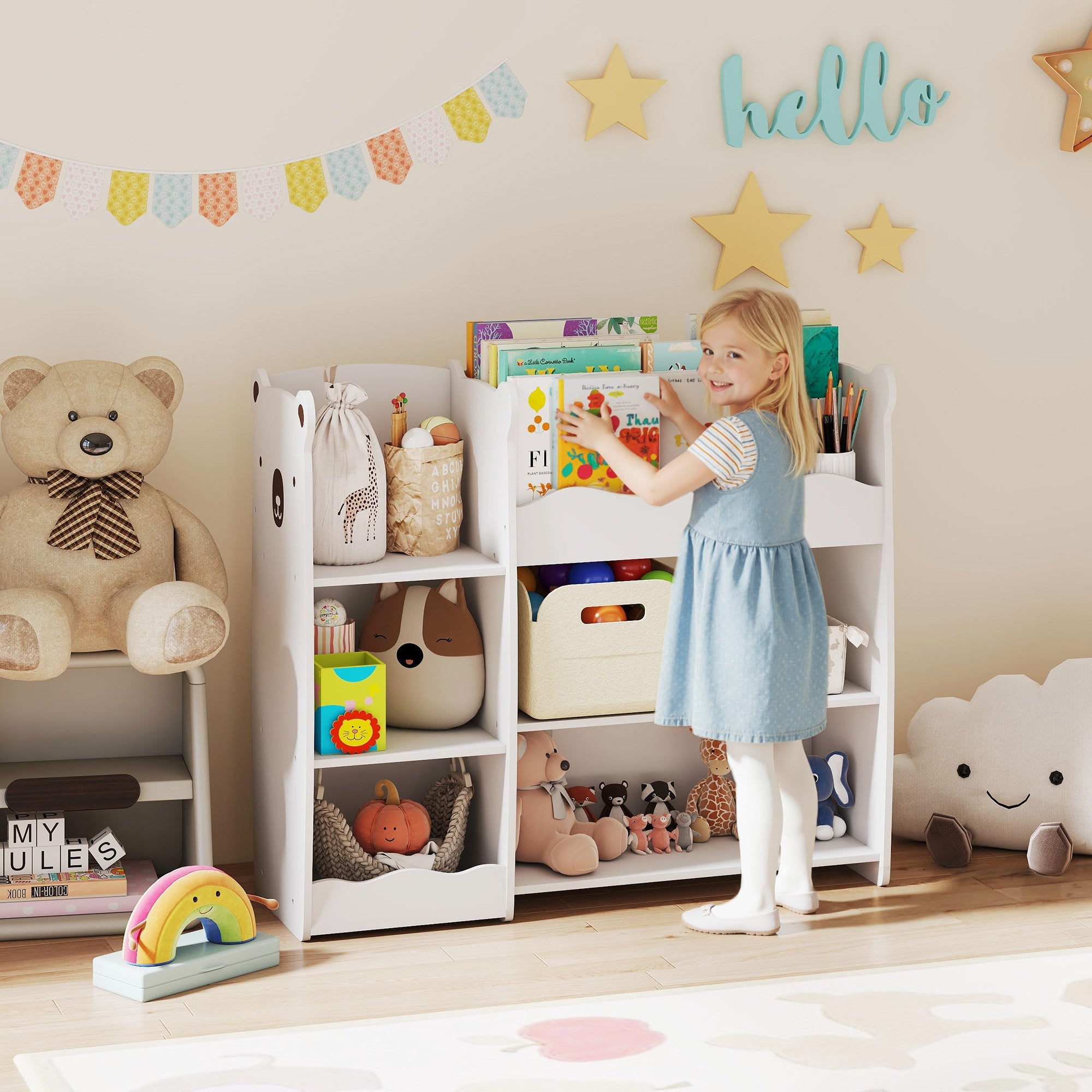 AIYAPLAY Kids Toy Storage Unit, Bear Design Kids Bookshelf and Toy Organiser, for Bedroom, Nursery, Playroom, White
