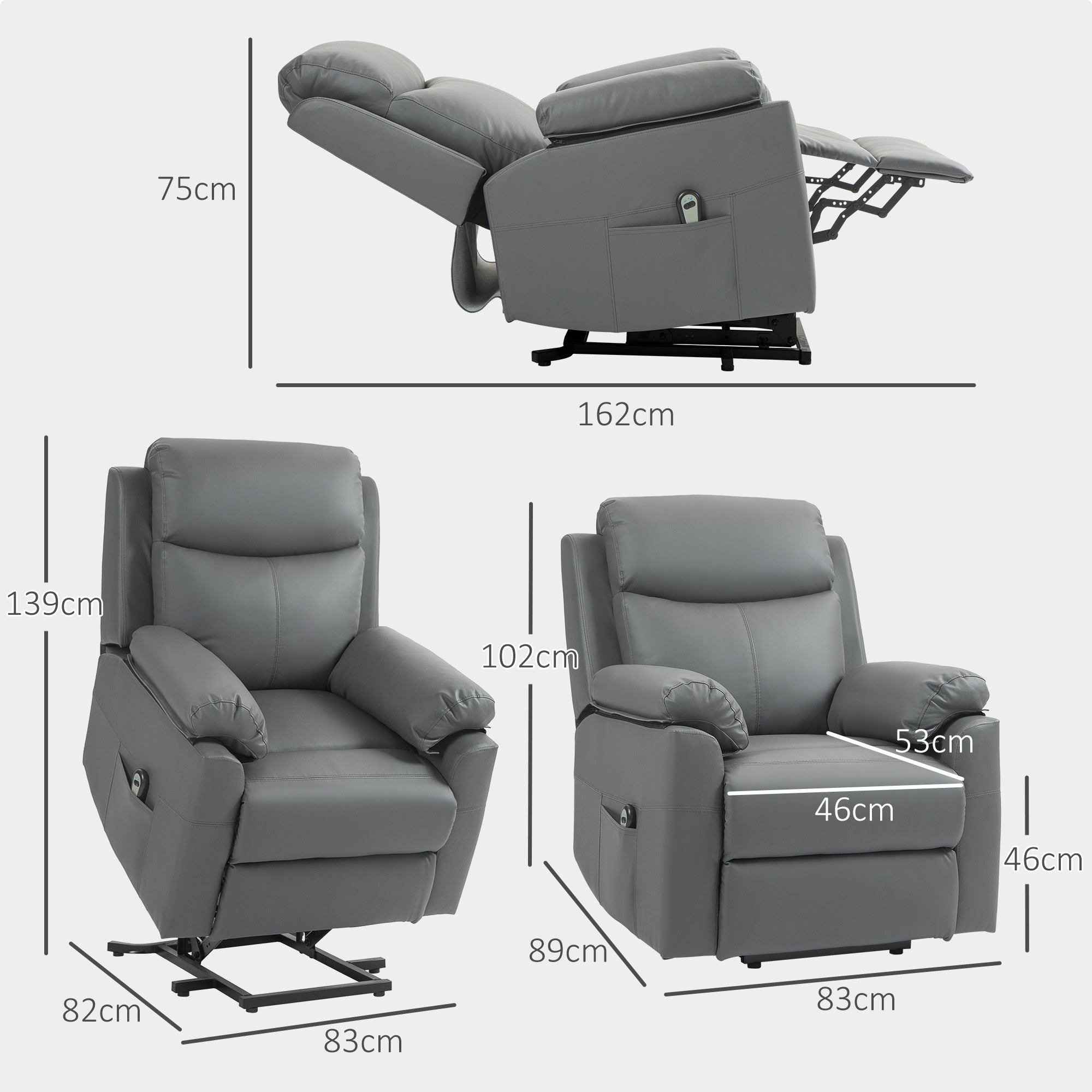 HOMCOM Faux Leather 70  Electric Riser Recliner Chair, Charcoal Grey
