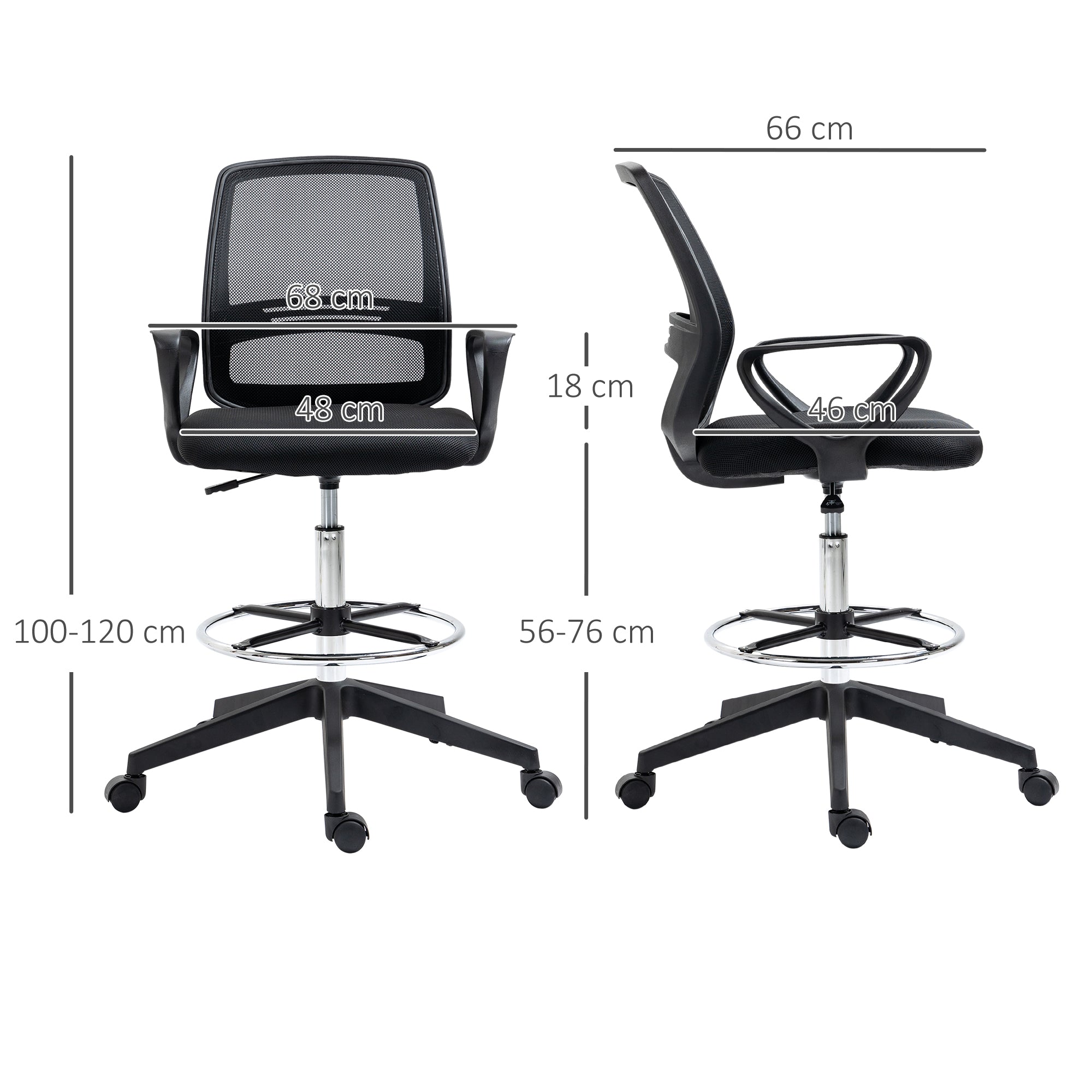Vinsetto Ergonomic Mesh Back Draughtsman Chair, Tall Standing Desk Chair with Adjustable Height and Footrest 360√Ç¬∞ Swivel, Black