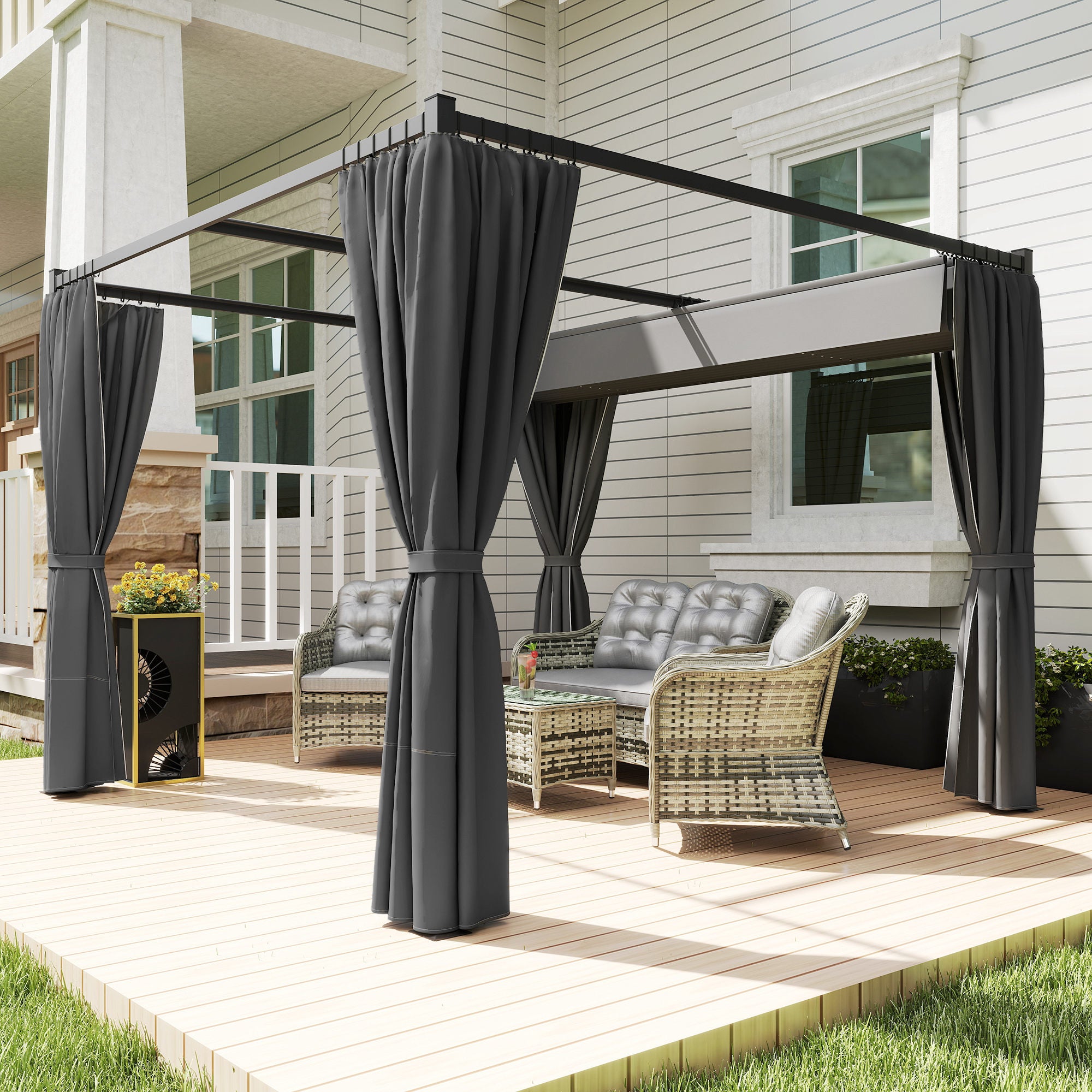 Outsunny 3 x 3(m) Retractable Pergola, Garden Gazebo Shelter with Curtains, for Grill, Patio, Deck, Charcoal Grey