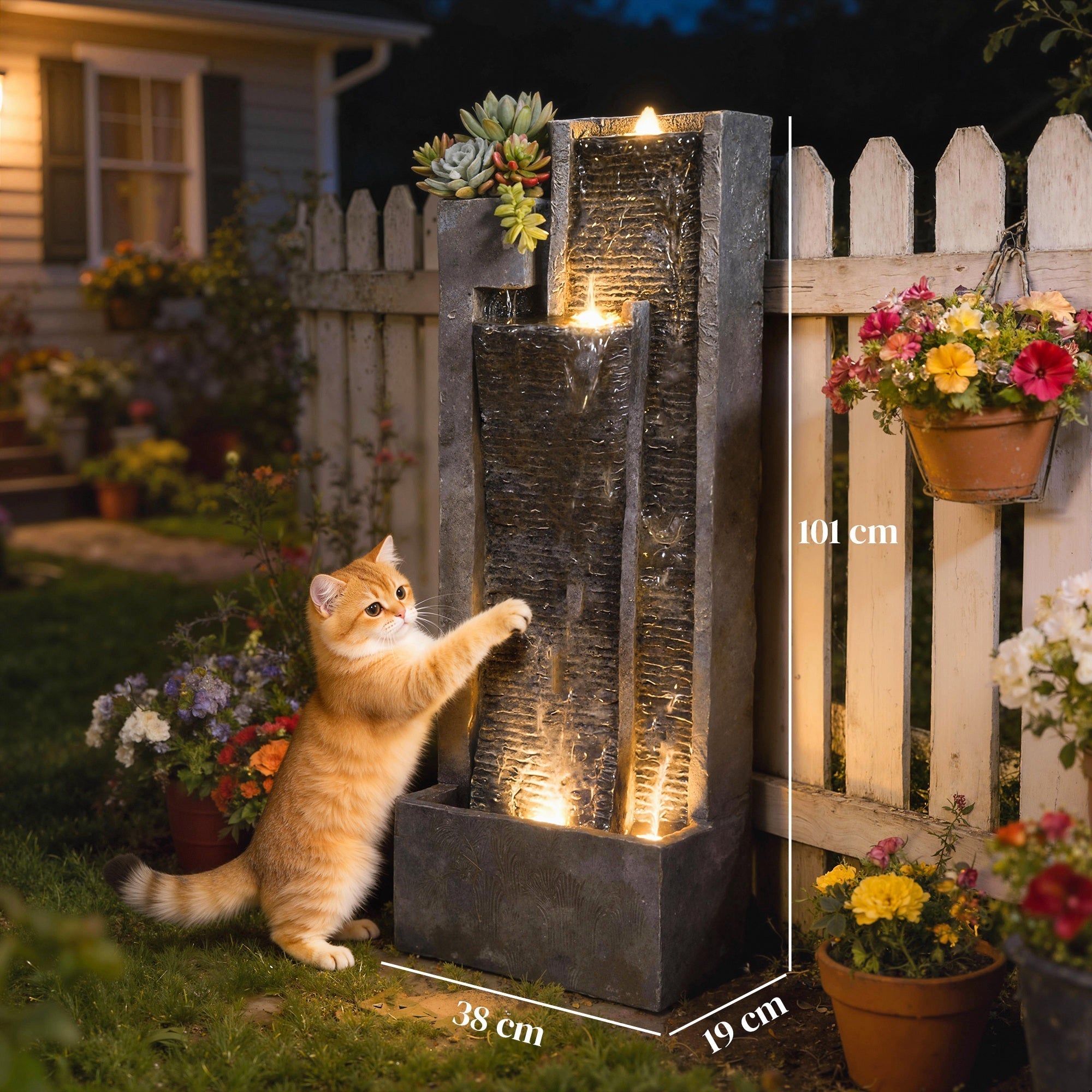 Outsunny Water Feature with LED Lights and Planter, 3-Tier Garden Water Fountain with Pump, Resin Waterfall Feature, Dark Grey