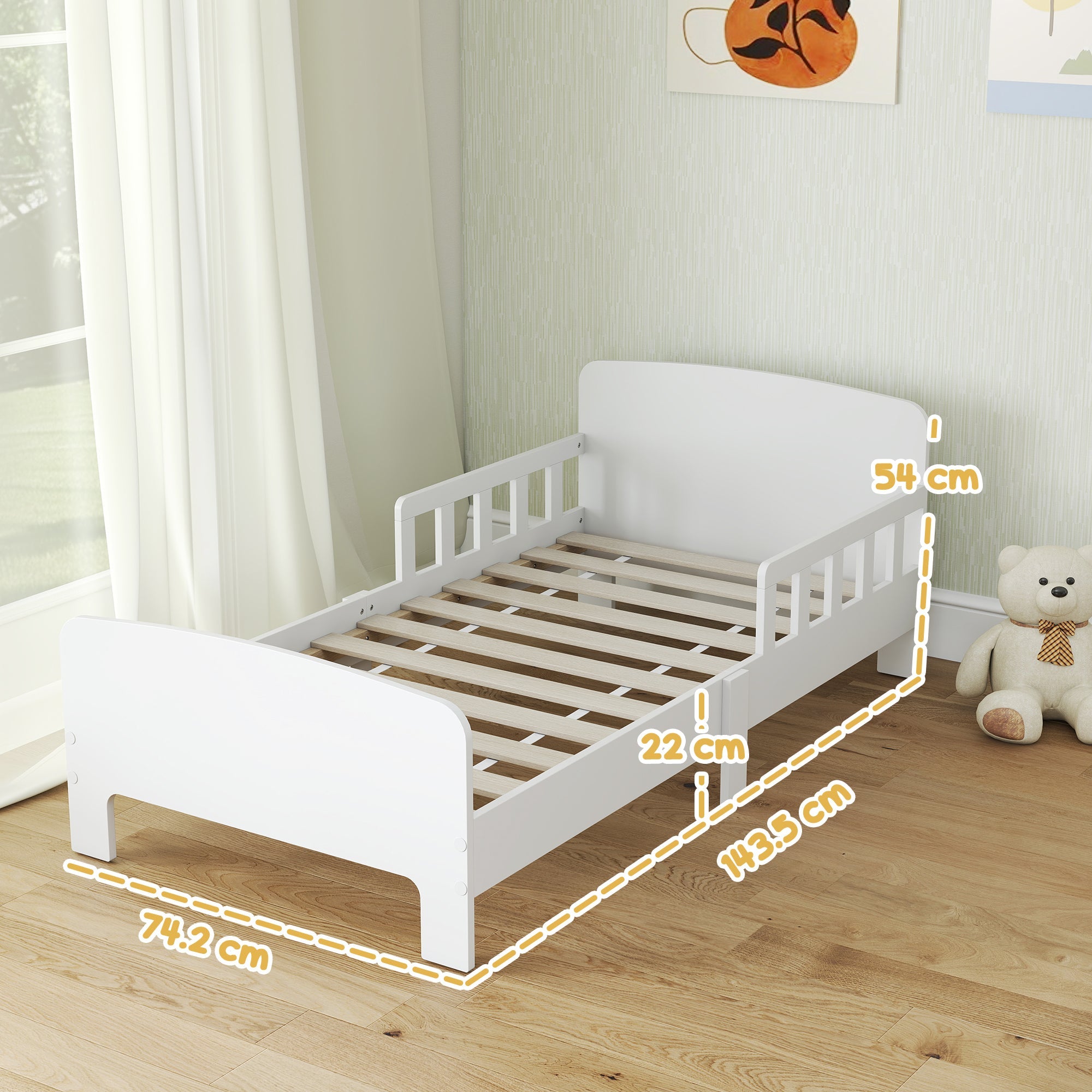 AIYAPLAY Toddler Bed, Kids Bed Frame with Safety Side Rails, Kids Bedroom Furniture for Ages 3-8 Years, White