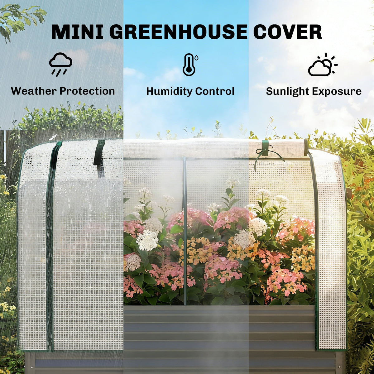 Outsunny Galvanised Raised Planter with Greenhouse Cover, Metal Raised Garden Bed on Legs with Bed Liner and Bottom Shelf