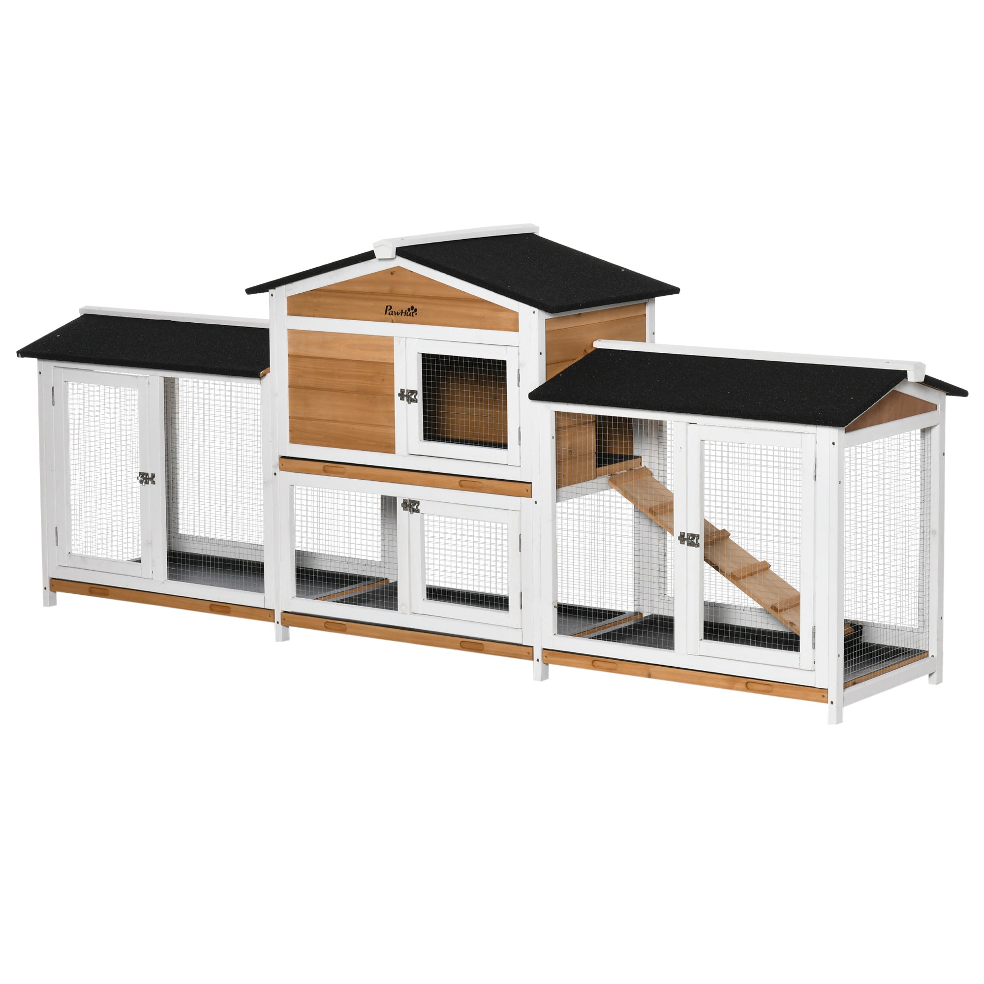 PawHut 2-Tier Large Rabbit Hutch Outdoor with Double Side Run Boxes, No-leak Plastic Tray, Ramp, 230 x 53 x 93.5cm, White