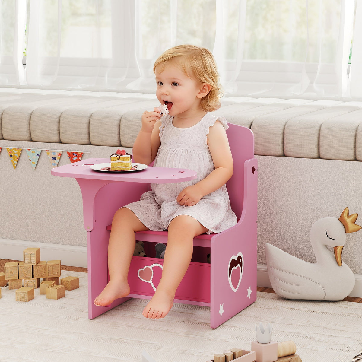 AIYAPLAY Kids Table and Chair Set, Children Desk and Chair with Storage Bins for Playing, Reading, Painting, for Ages 3-5, Pink