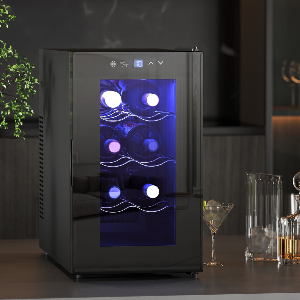 HOMCOM Mini Table Top Wine Fridge, 8 Bottle, 17L, 8-18 degrees C, 26.5cm Quiet Under Counter Wine Cooler Fridge with Glass Door, LED Light, Digital Touch Screen, Temperature Control