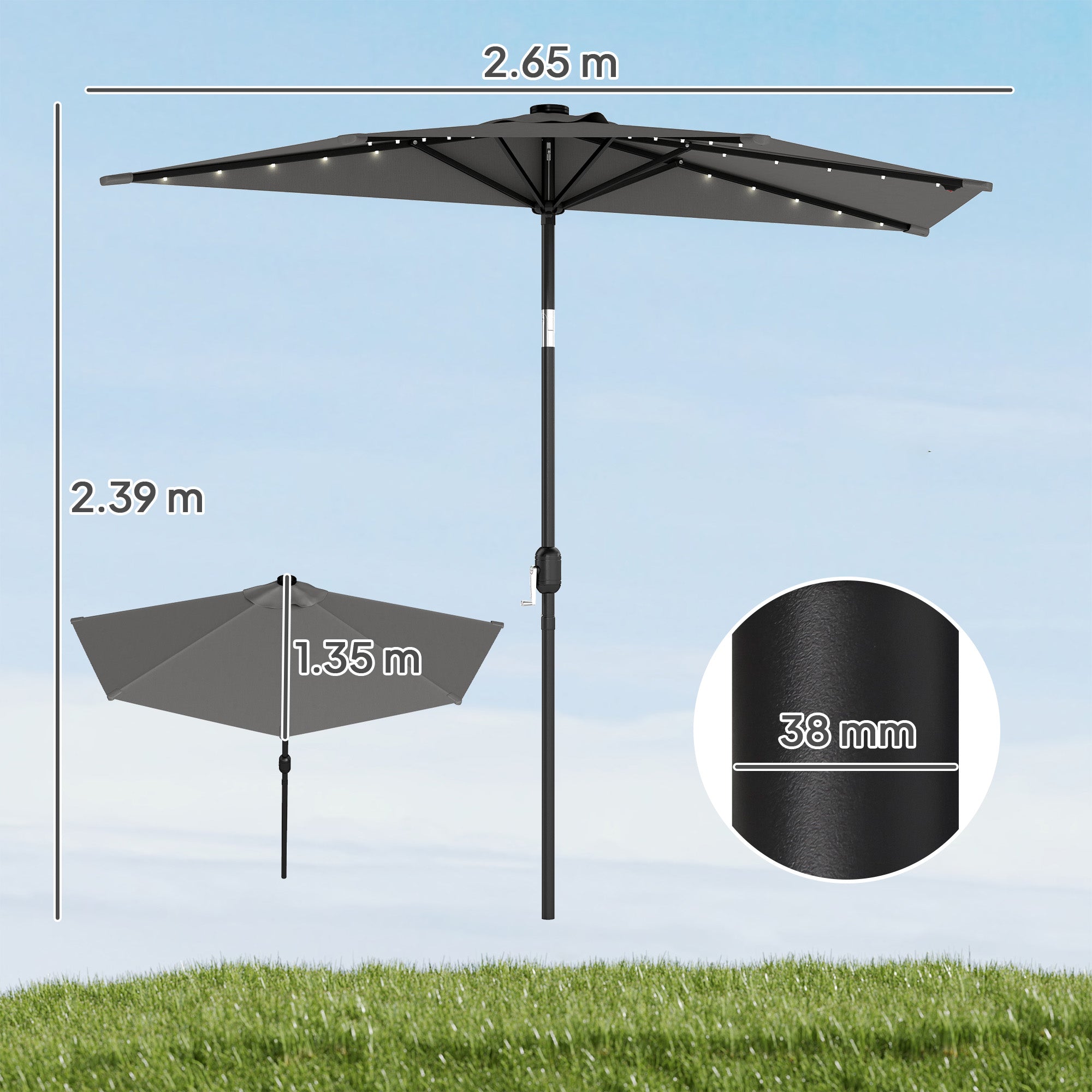 Outsunny 2.6 m Half Garden Parasol with Solar LED Lights, UPF50+ Semi Round Umbrella with 30Â° Tilt, Crank Handle, Dark Grey