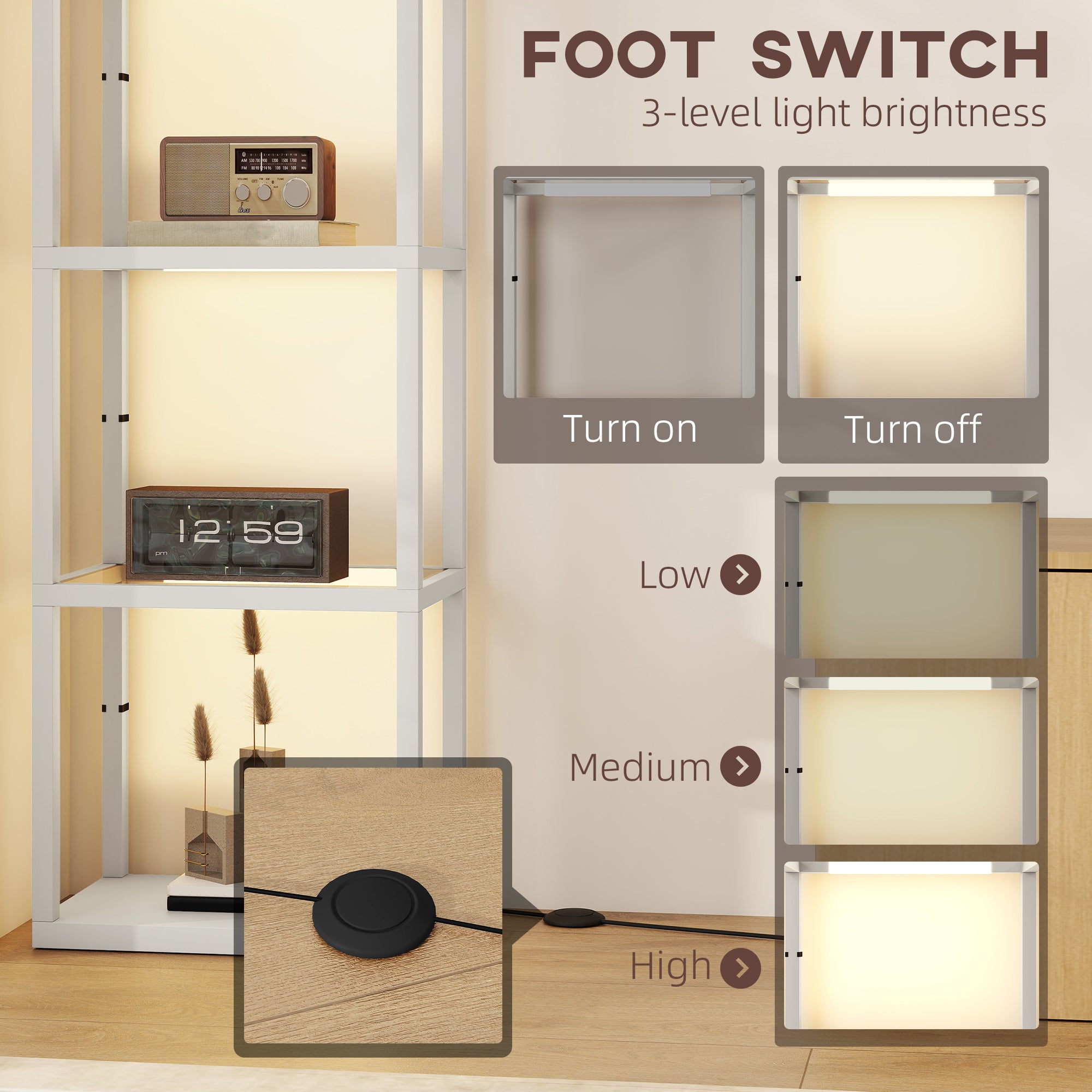 HOMCOM LED Floor Lamp with Glass Shelves, 4 Layers Dimmable Tall Standing Lamp, Modern Column Shelf Floor Light for Living Room, Bedroom, Office, Grey