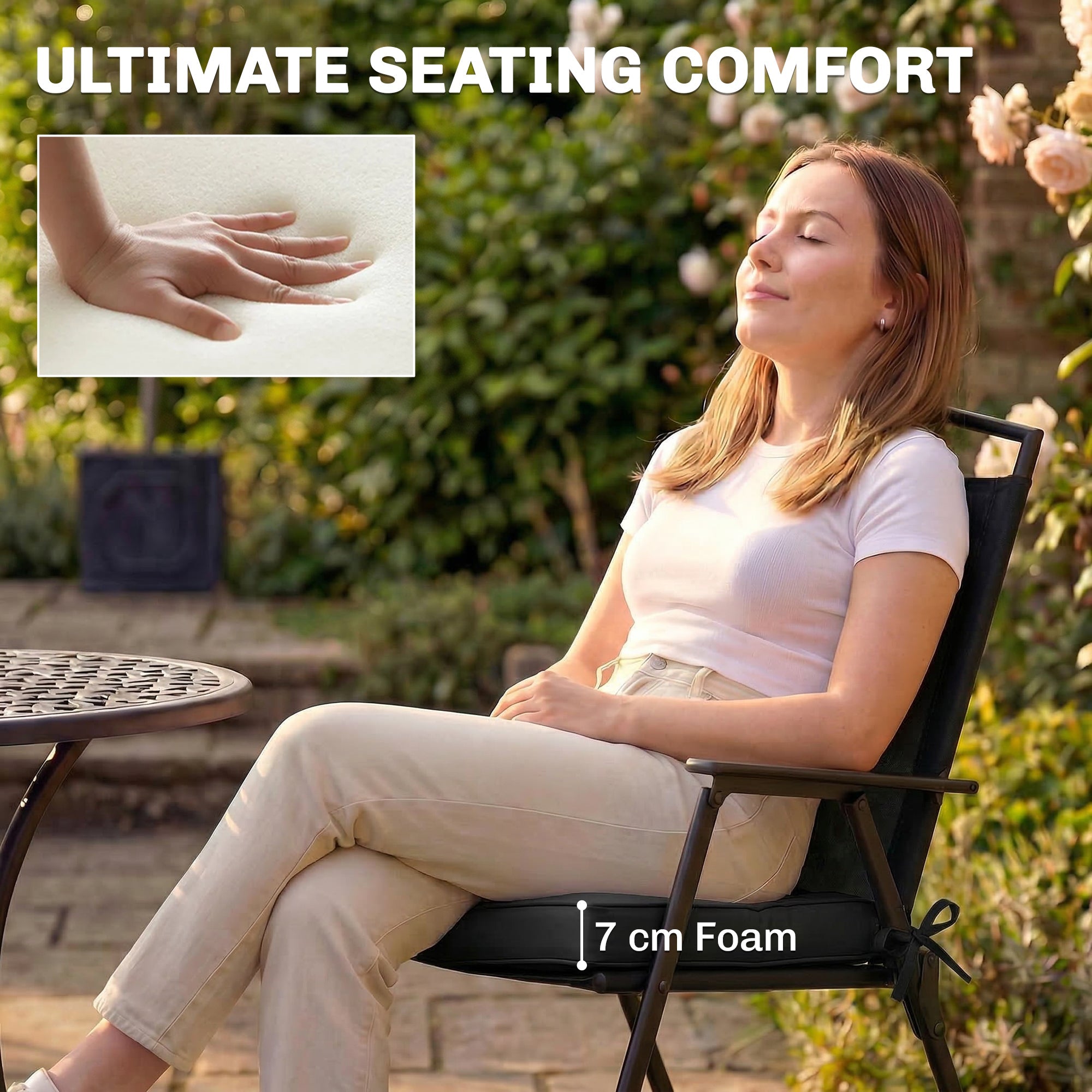Outsunny Outdoor Chair Seat Cushions Set of 2, Garden Chair Cushions with 7cm Thick Foam & Ties, Black