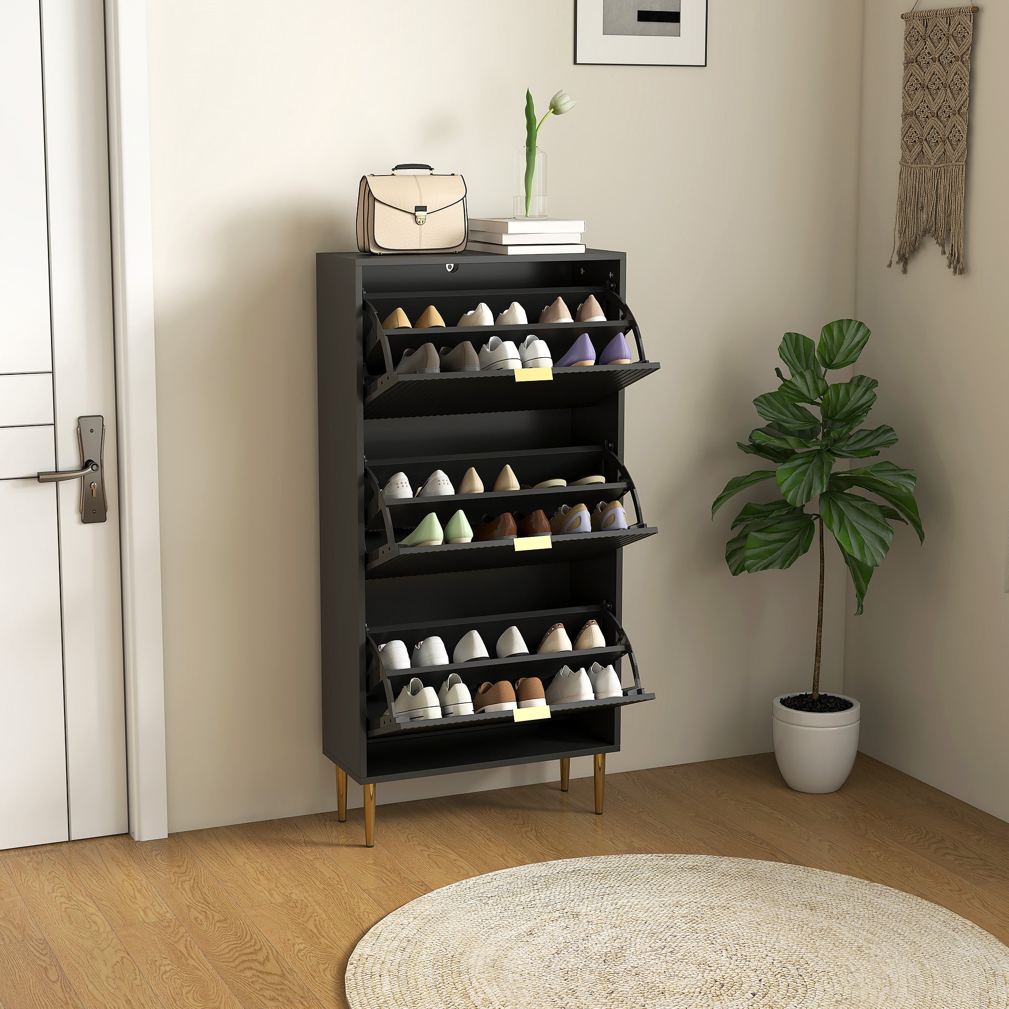 HOMCOM Narrow Shoe Cabinet with 3 Flip Drawers - Black
