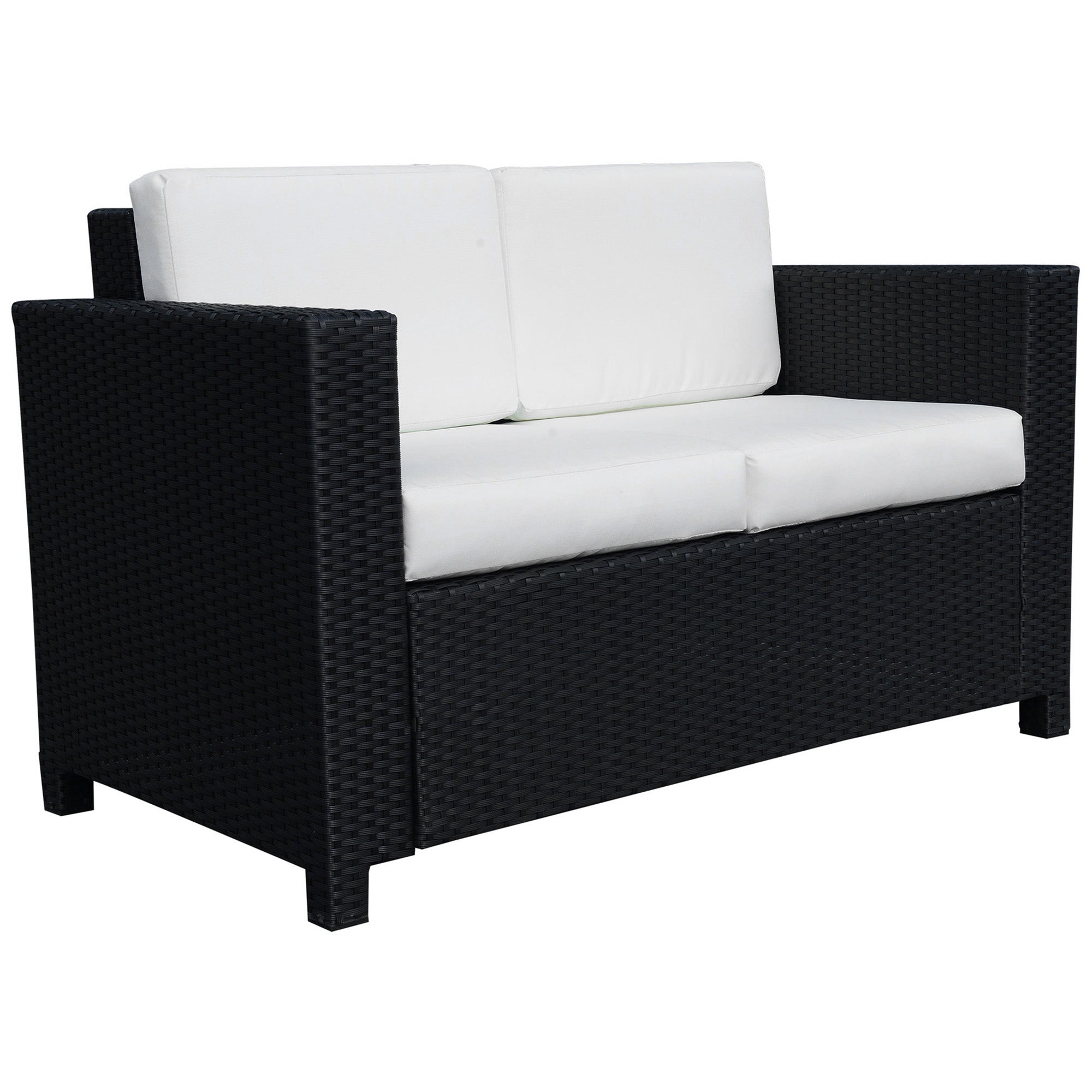 Outsunny Rattan Sofa, 2 Seater Garden Furniture with Soft Padded Cushion and Armrests, Wicker Garden Loveseat for Patio, Black