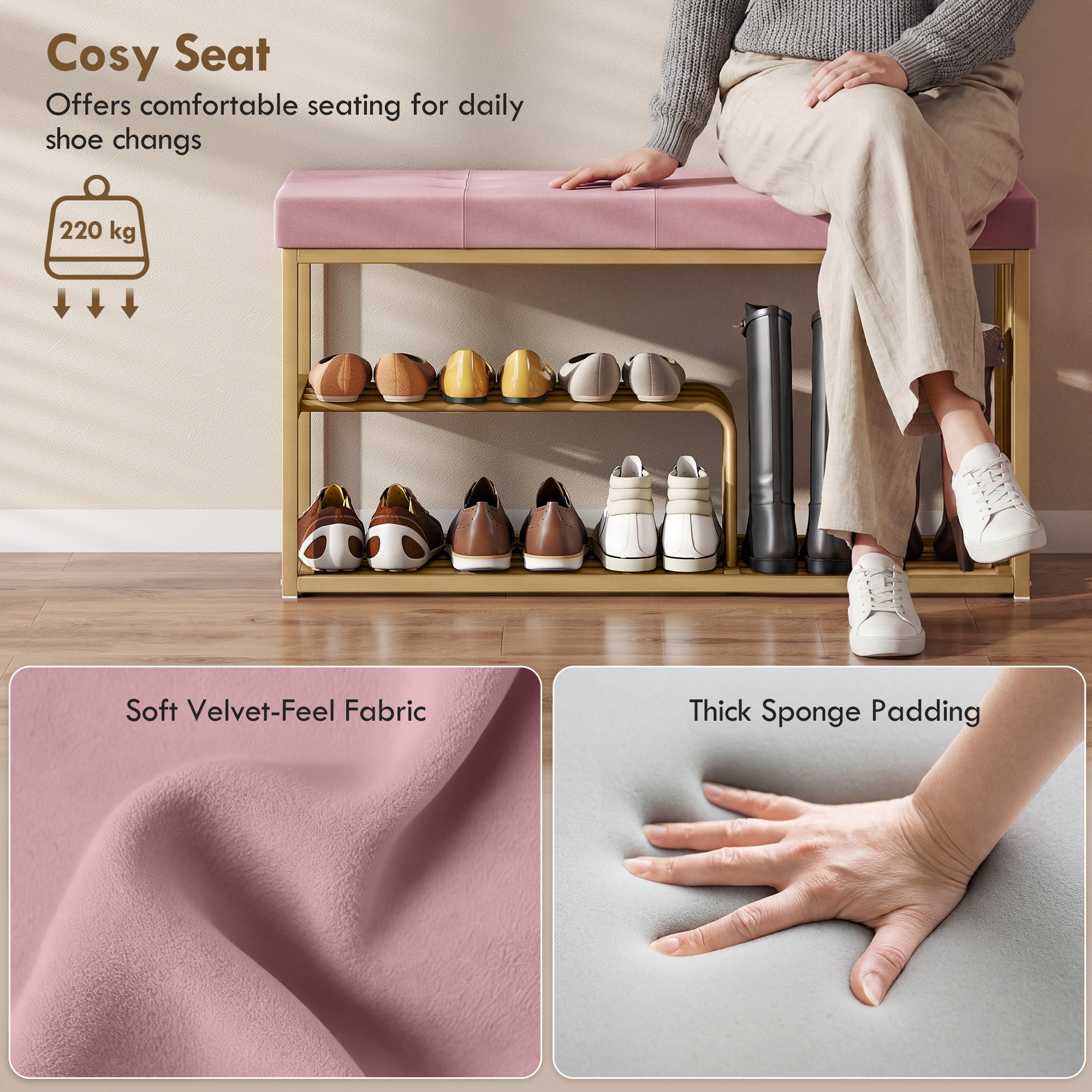 HOMCOM Bench and Shoe Storage, Tufted Shoe Storage Bench with Velvet Seat Cushion Gold Steel Frame for Entryway, Pink