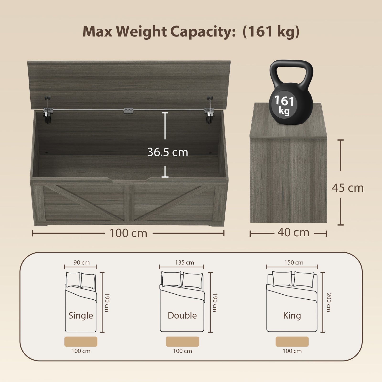 HOMCOM 127L Home Storage Box, with Safety Hinges - Dark Grey Wood-Effect