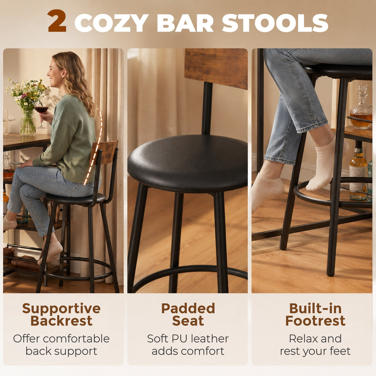 HOMCOM Space Saving Bar Table and PU Leather Stools for 2, 3 Piece Breakfast Bar Table Set with Storage Shelves, Rustic Brown