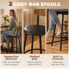 HOMCOM Space Saving Bar Table and PU Leather Stools for 2, 3 Piece Breakfast Bar Table Set with Storage Shelves, Rustic Brown