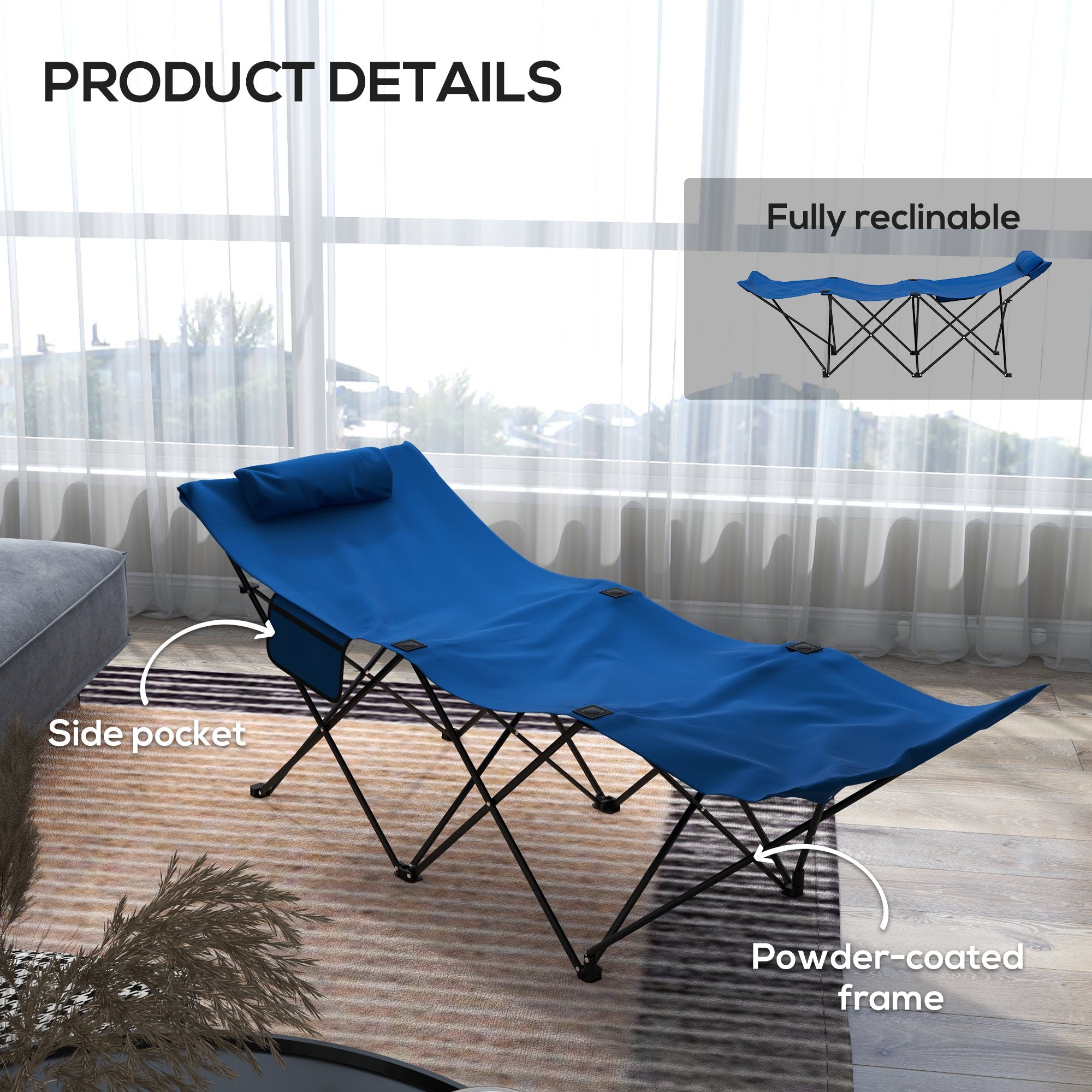 Outsunny Camping Bed for Adults, Single Folding Camp Bed, Portable Camping Cot with Side Pocket, Headrest and Oxford Seat for Outdoor, Travel, Fishing, Dark Blue