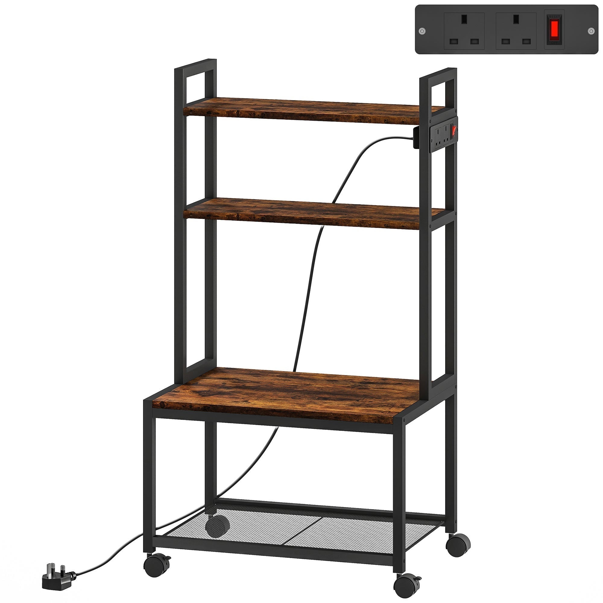 HOMCOM 4-Tier Printer Stand with Power Outlets and Wheels - Rustic Brown